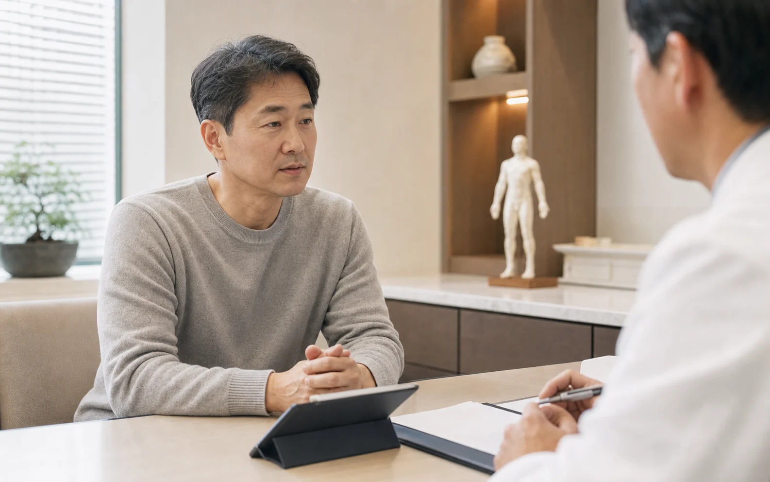 남성갱년기 증상과 체력 저하를 조용히 상담하는 모던 한의원 진료 장면