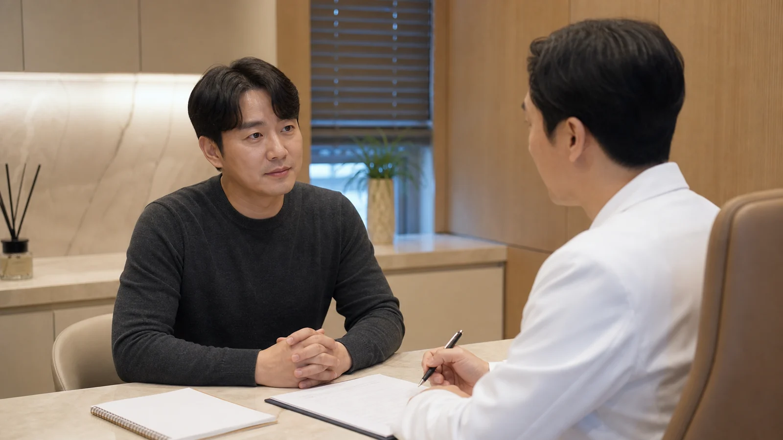 남성형 탈모 상담에서 앞머리선과 정수리 변화, 가족력과 기존 치료 이력을 차분히 이야기하는 진료 사진