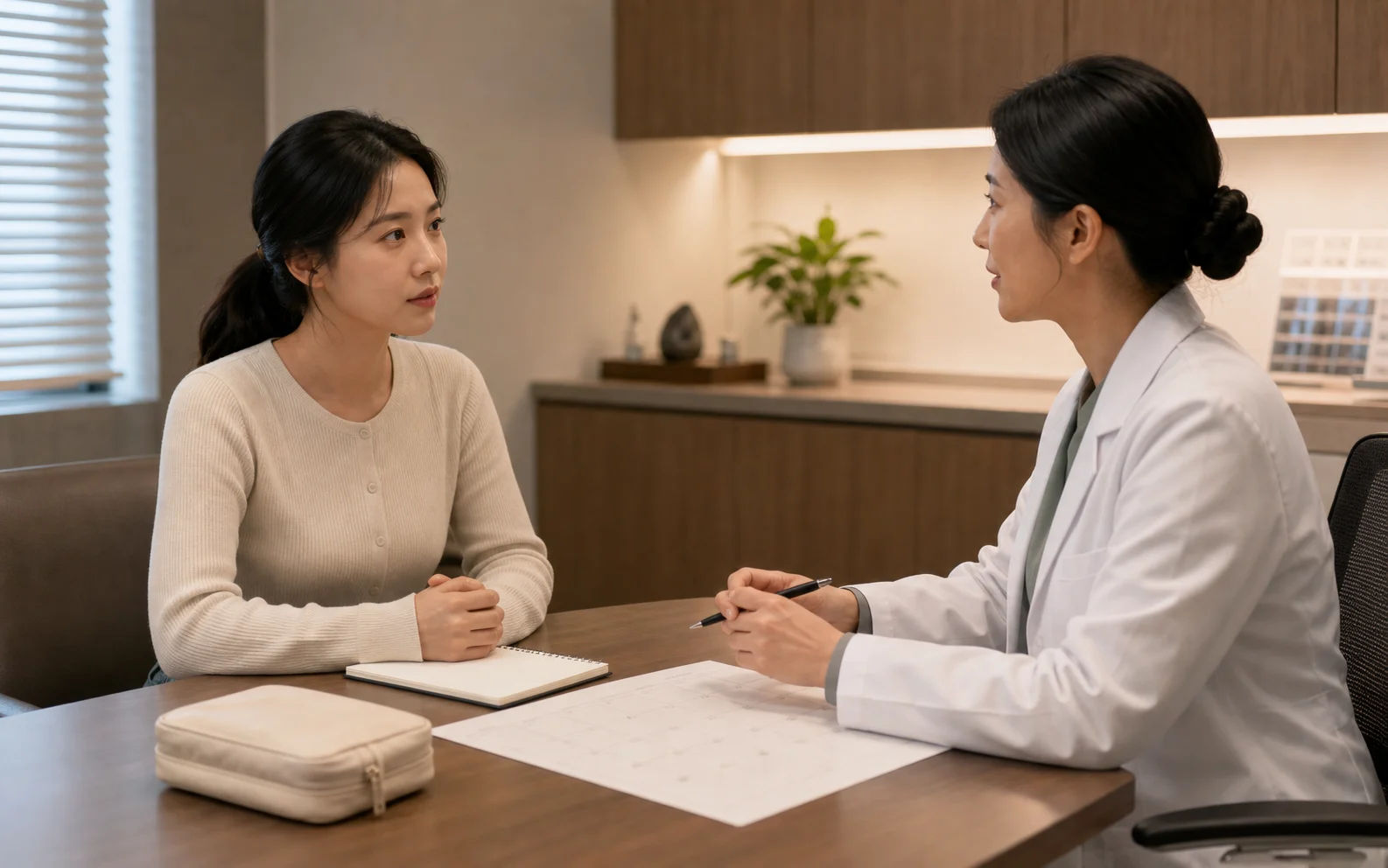 월경과다 환자가 국내 한의원 진료실에서 생리량과 빈혈감을 상담하는 장면