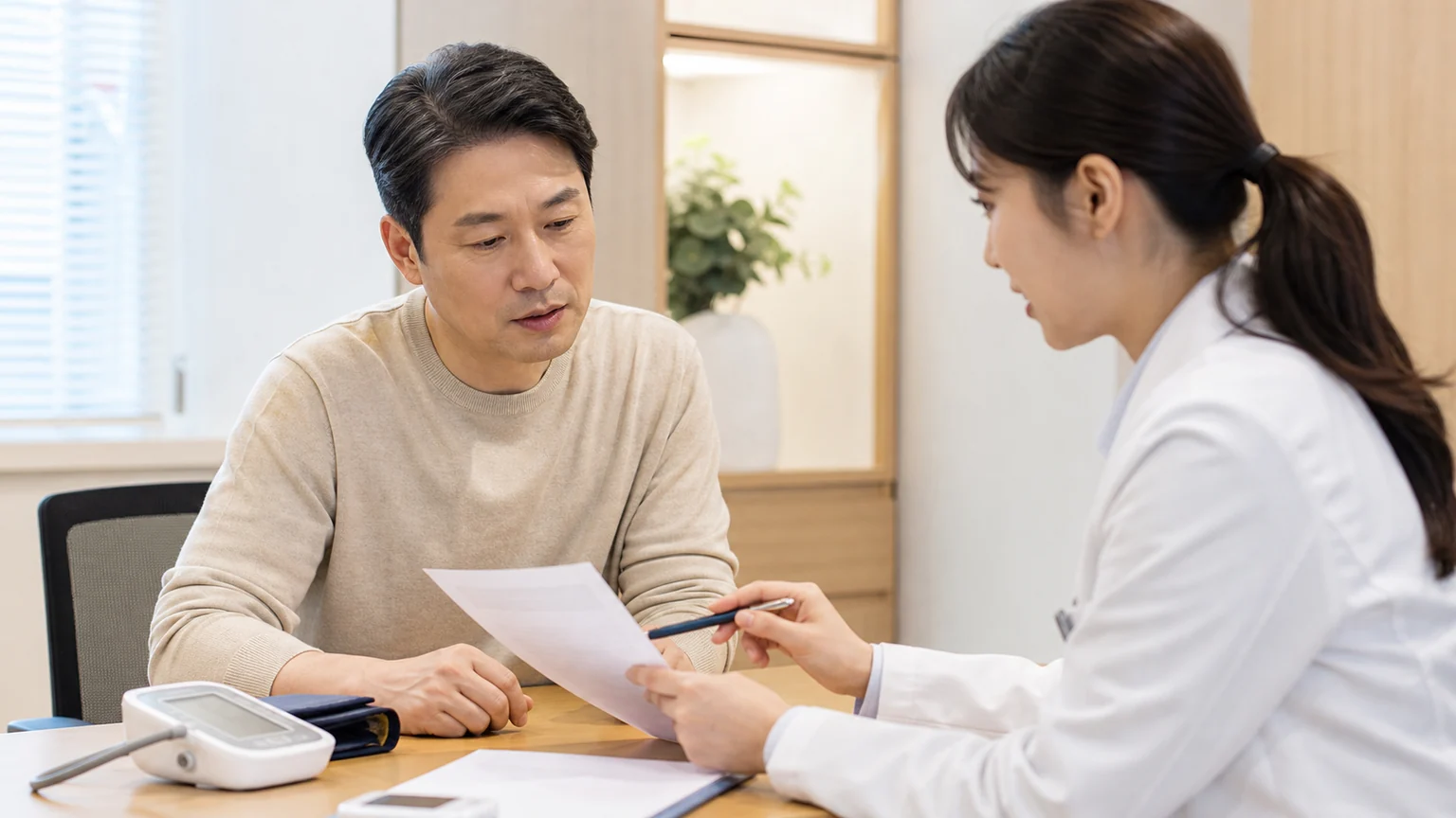 대사증후군 환자가 건강검진 수치와 혈압 기록을 한국 한의원 진료실에서 상담하는 장면
