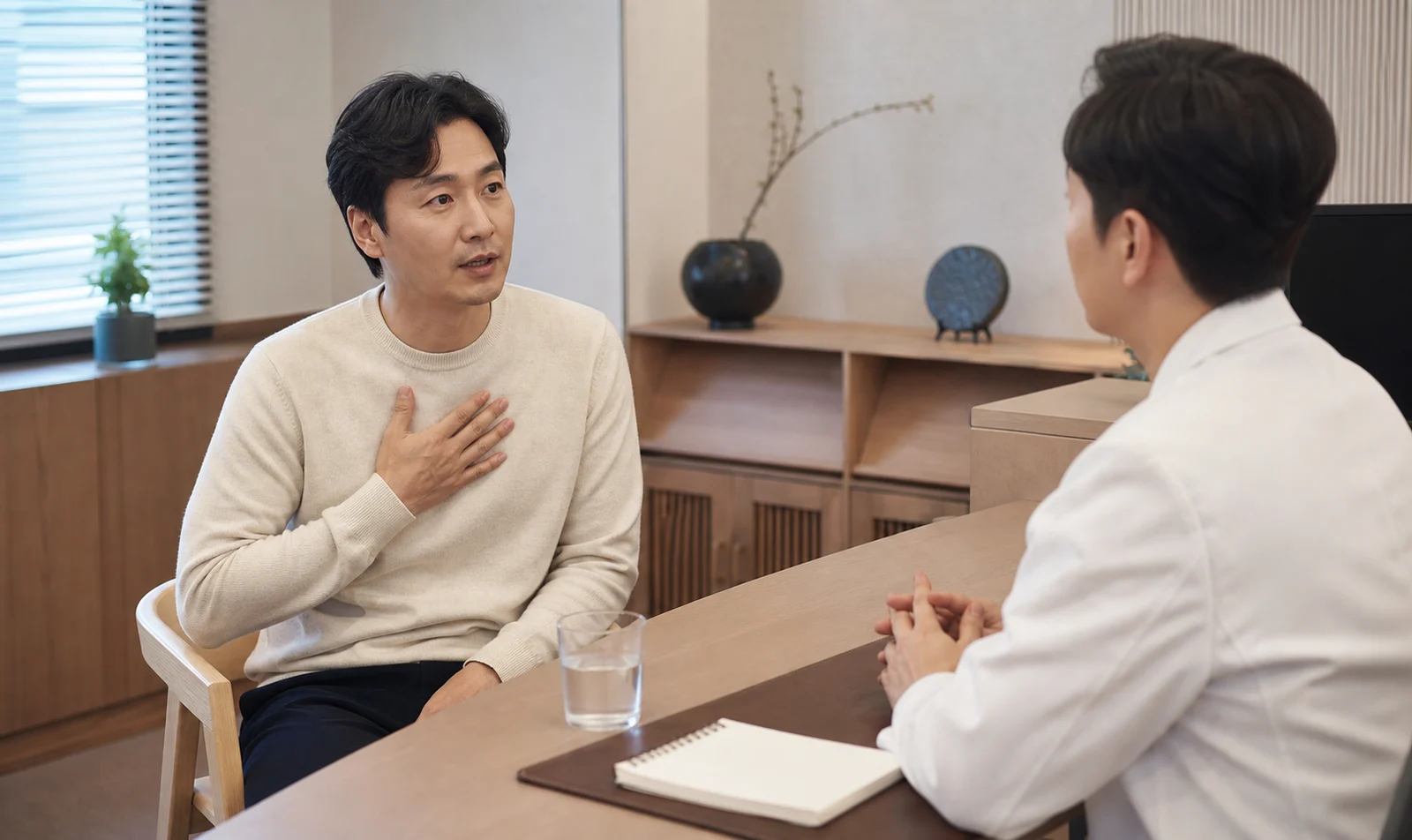 신경성 호흡곤란 환자가 가슴 답답함과 숨 막힘 반복을 상담하는 모던 한의원 장면