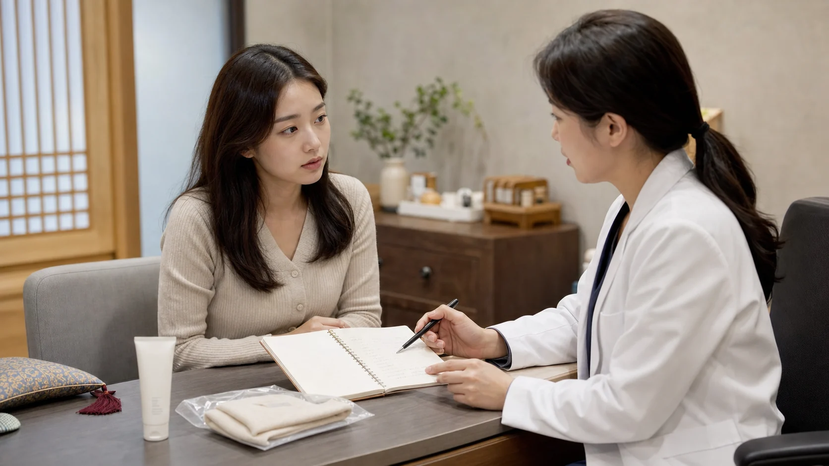 한국인 여성 환자가 국내 한의원 상담실에서 유두습진 생활 자극 기록을 의료진과 상담하는 장면