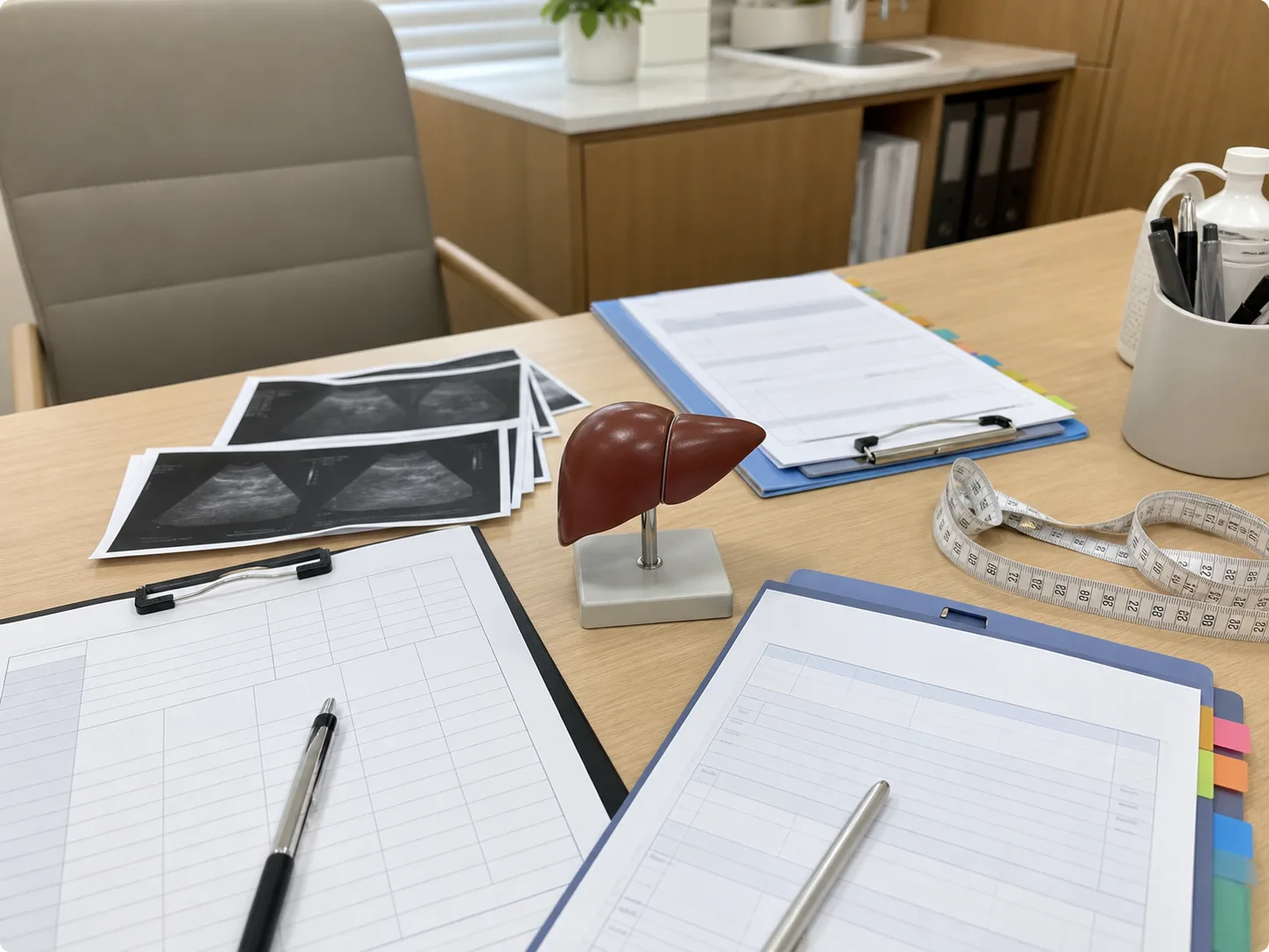 비알코올성지방간 진료 체크포인트에서 간 모형과 검사 기록, 대사위험 자료를 함께 확인하는 장면