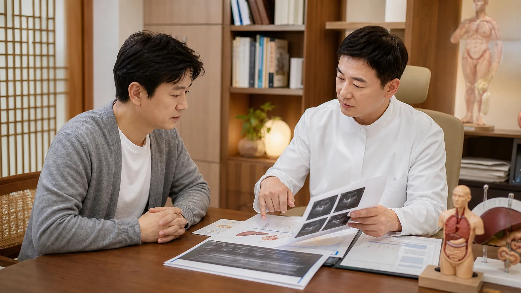 비알코올성지방간 검진 결과와 생활 리듬을 상담하는 국내 한의원 진료실 장면