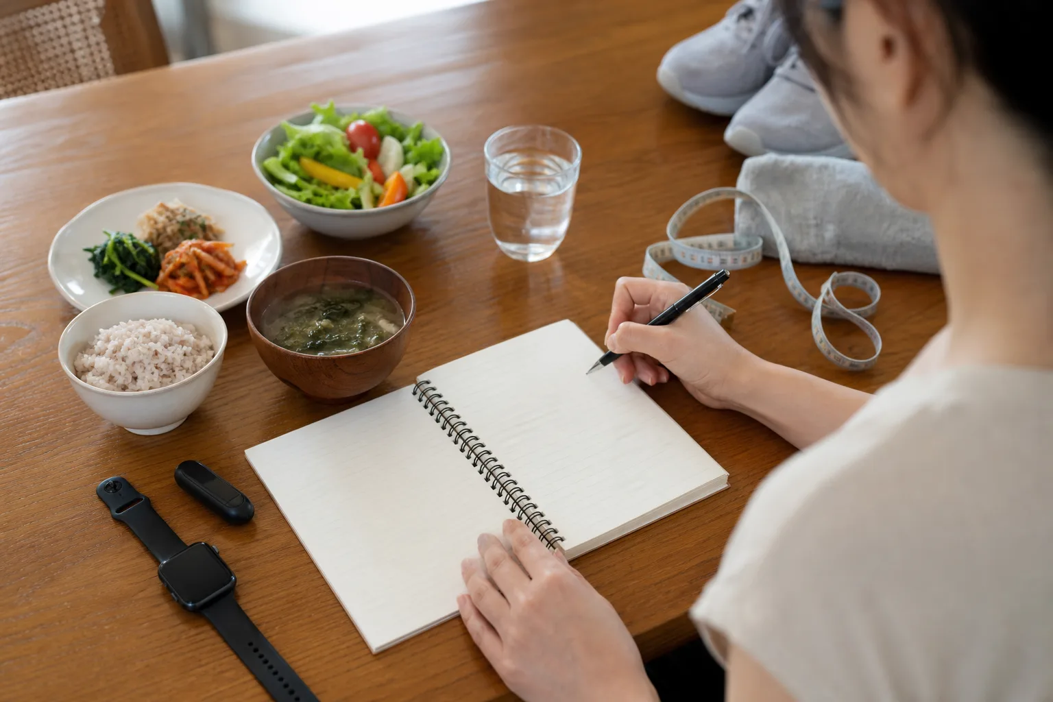 비알코올성지방간 상담 전 식사와 수면, 피로 기록을 정리하는 한국인 환자 일상 장면