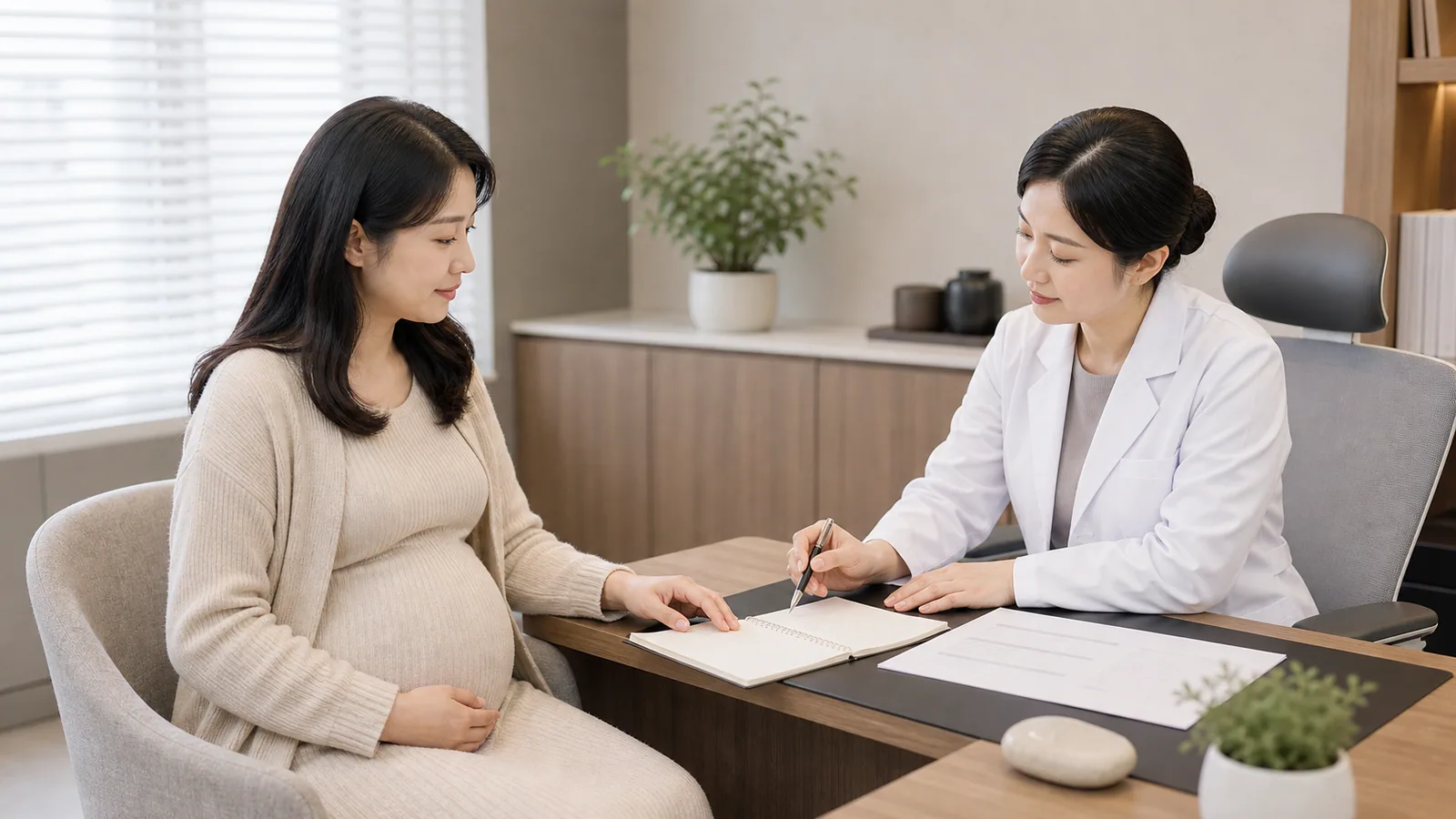 자연분만 준비 상담에서 임신 주수와 분만 계획을 정리하는 임신 환자 장면
