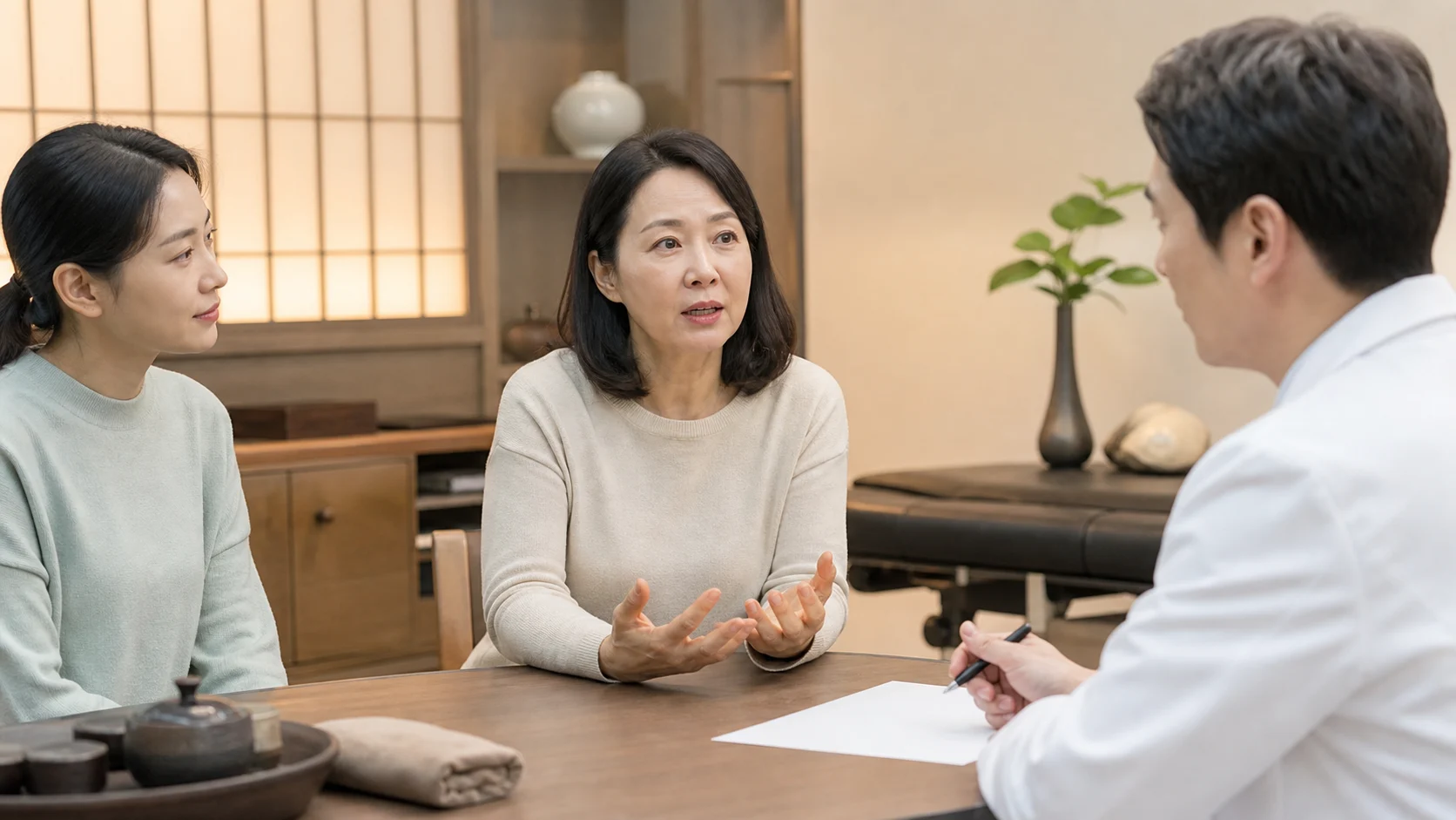 손발저림 환자가 국내 한의원 상담실에서 한국인 의료진에게 손끝과 발끝 저림을 설명하는 장면