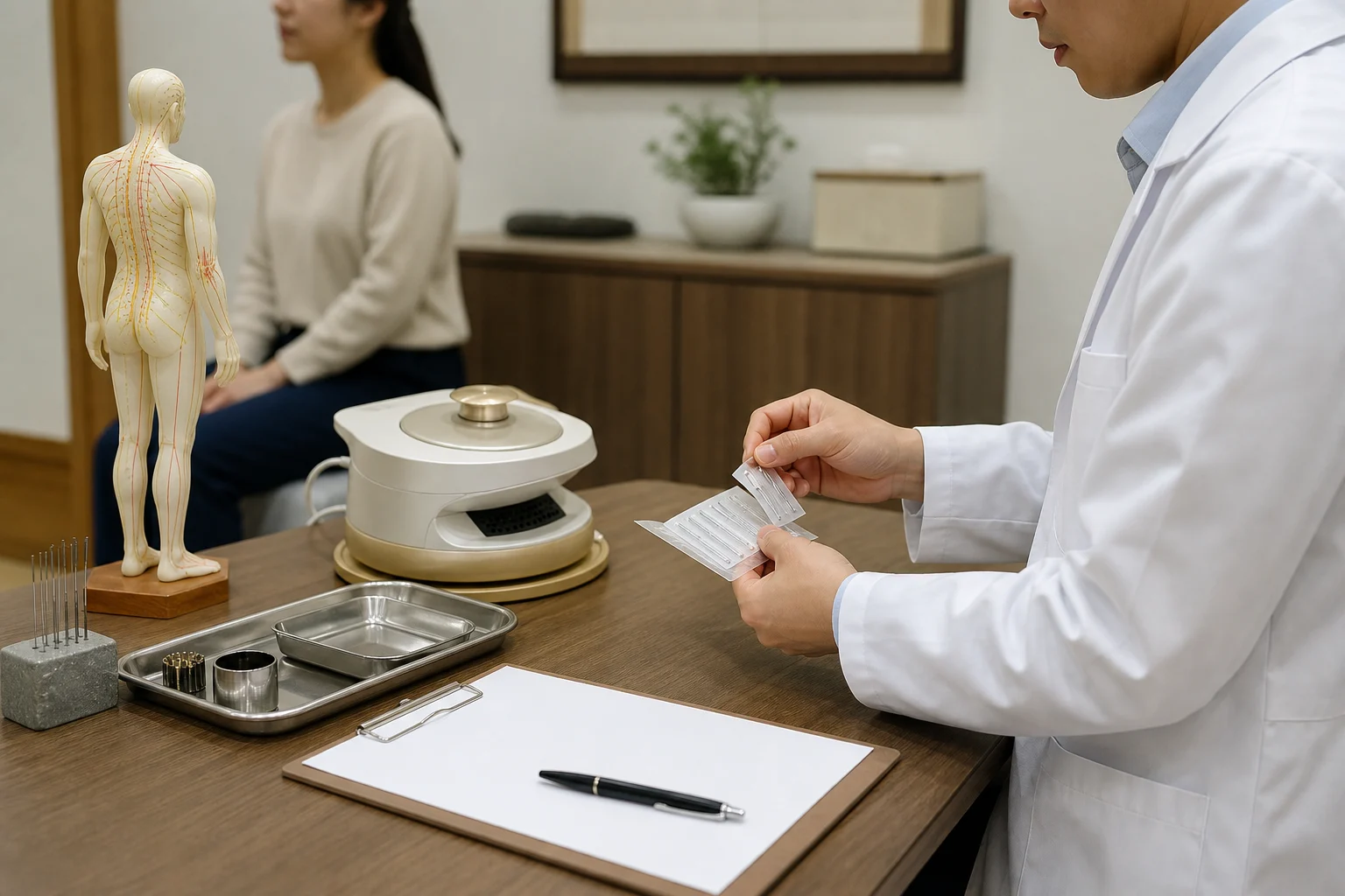 손발저림 치료 흐름에서 침 치료 도구와 온열 장비, 빈 치료계획표가 준비된 국내 한의원 치료실 사진