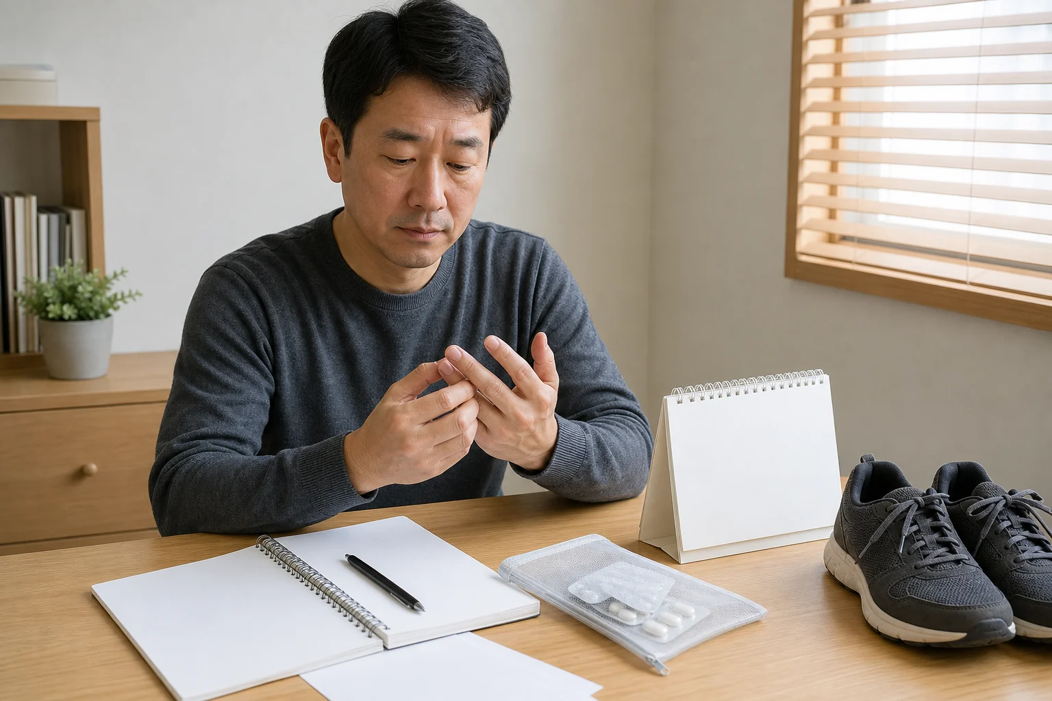 손발저림 환자가 손끝 감각과 발 저림을 떠올리며 빈 증상 기록지를 정리하는 생활 사진