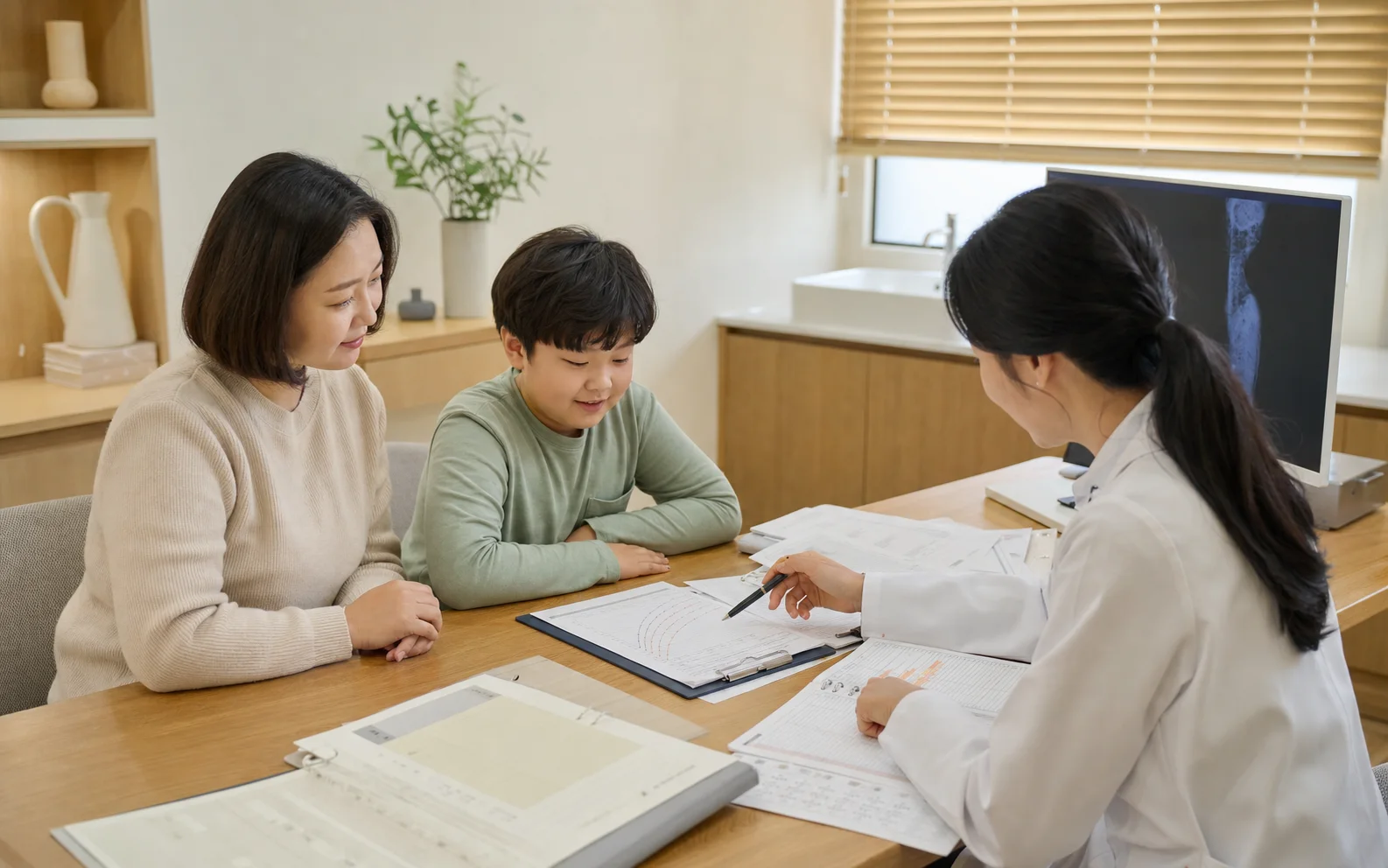 소아비만 상담에서 성장곡선과 식사 수면 활동 기록을 함께 확인하는 진료실 장면
