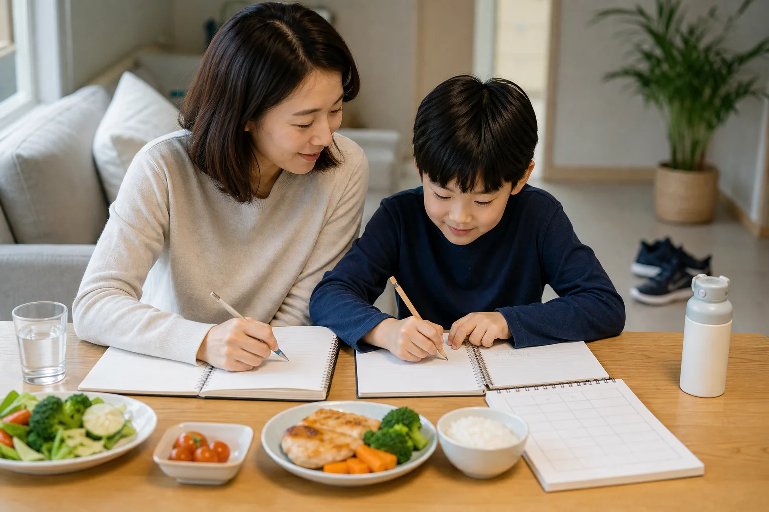 소아비만 상담 전 식사 수면 활동량 기록을 정리하는 보호자와 아이의 생활 기록 장면