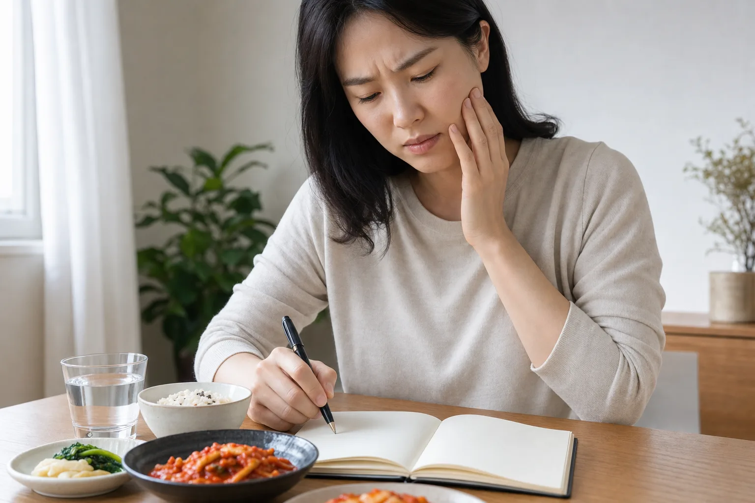 구강궤양 환자가 식사 중 입안 통증을 느끼며 반복 시기와 자극 음식을 생활 기록으로 적는 장면