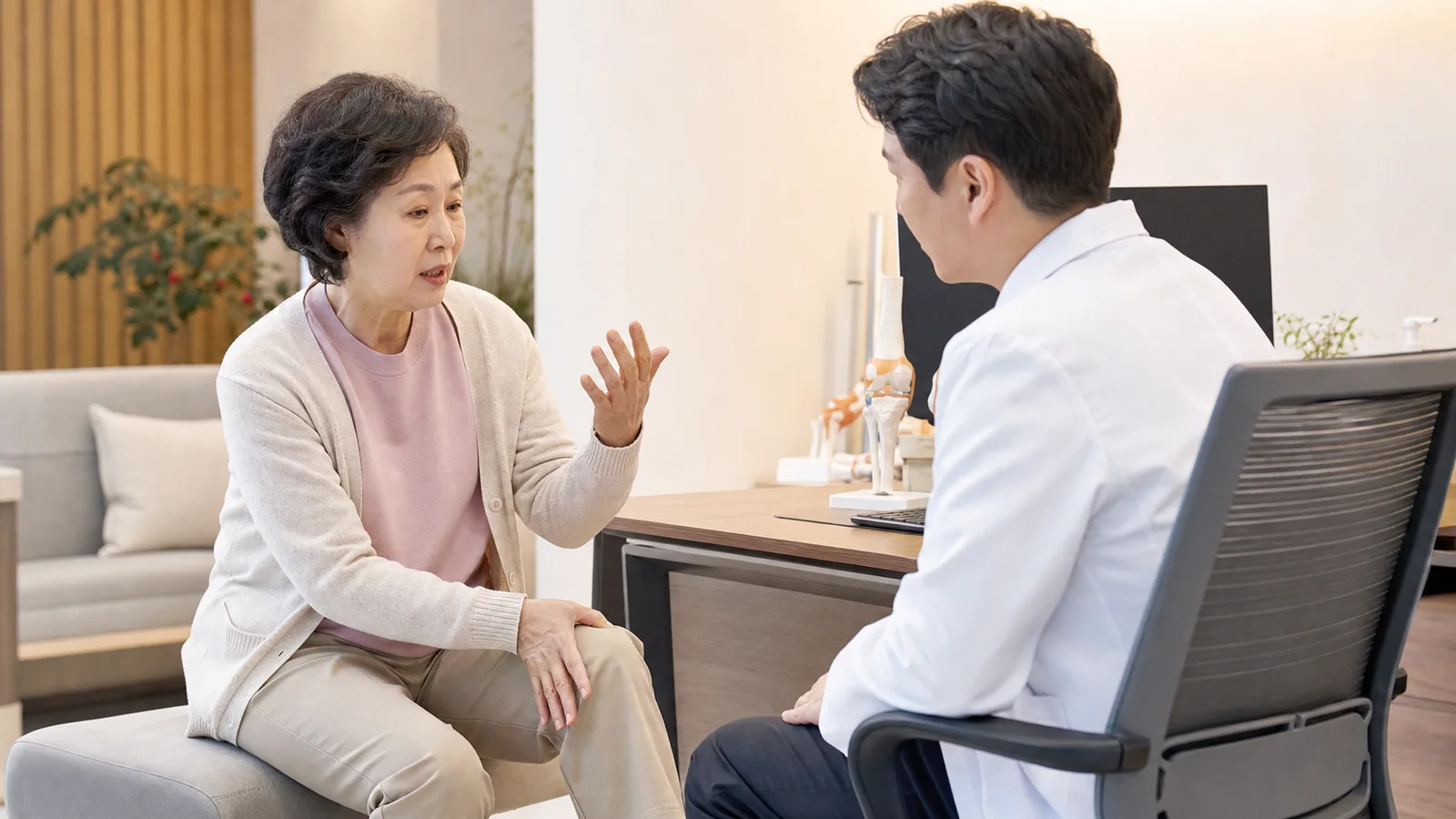 퇴행성 관절염 환자가 국내 한의원 진료실에서 관절 통증과 생활 불편을 상담하는 장면
