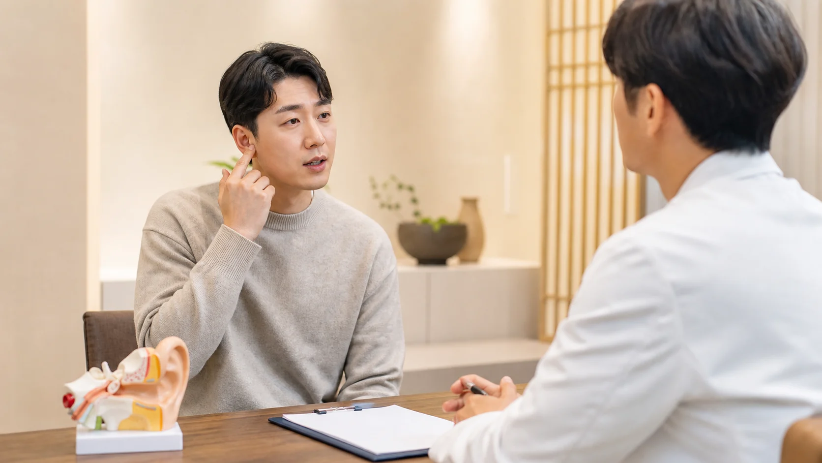 중이염 환자가 귀 통증과 청력 변화를 설명하며 초진 상담을 시작하는 현대 한의원 진료실 장면