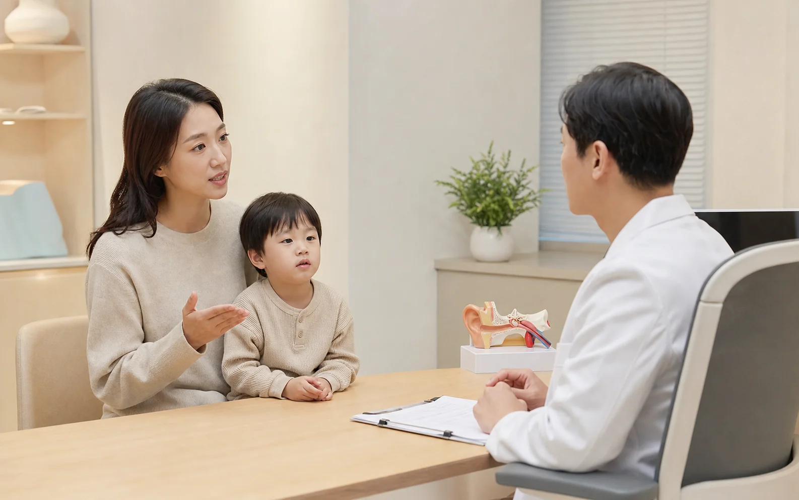 소아 중이염 상담에서 보호자가 아이의 귀 통증과 반복 감기 기록을 설명하는 현대 한의원 진료실 장면