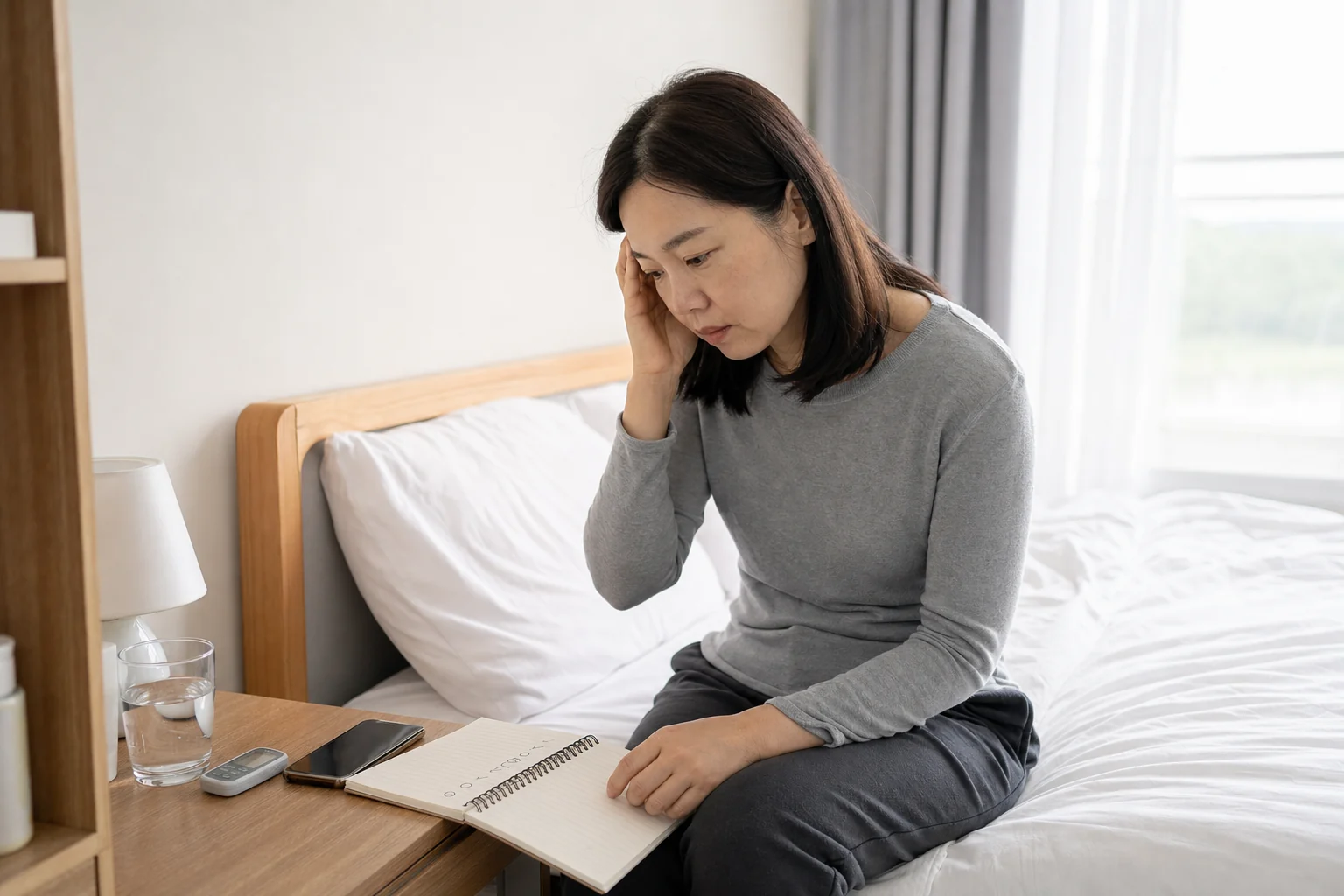 이석증 환자가 침대에서 일어난 뒤 어지럼이 시작된 자세와 수면 방해를 상담 전 기록하는 장면