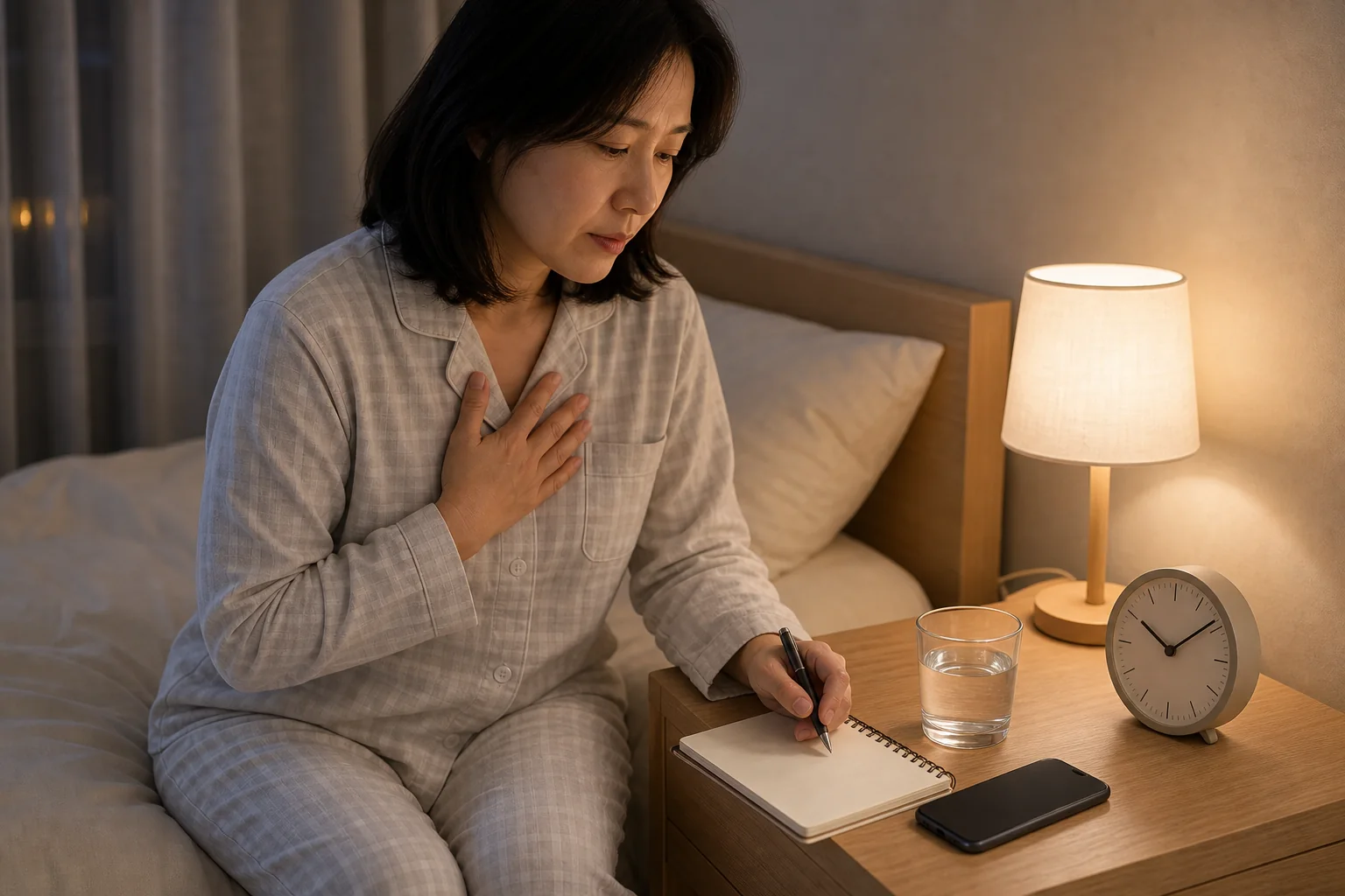 심계항진 환자가 두근거림 시간과 수면, 카페인 섭취를 기록하는 장면