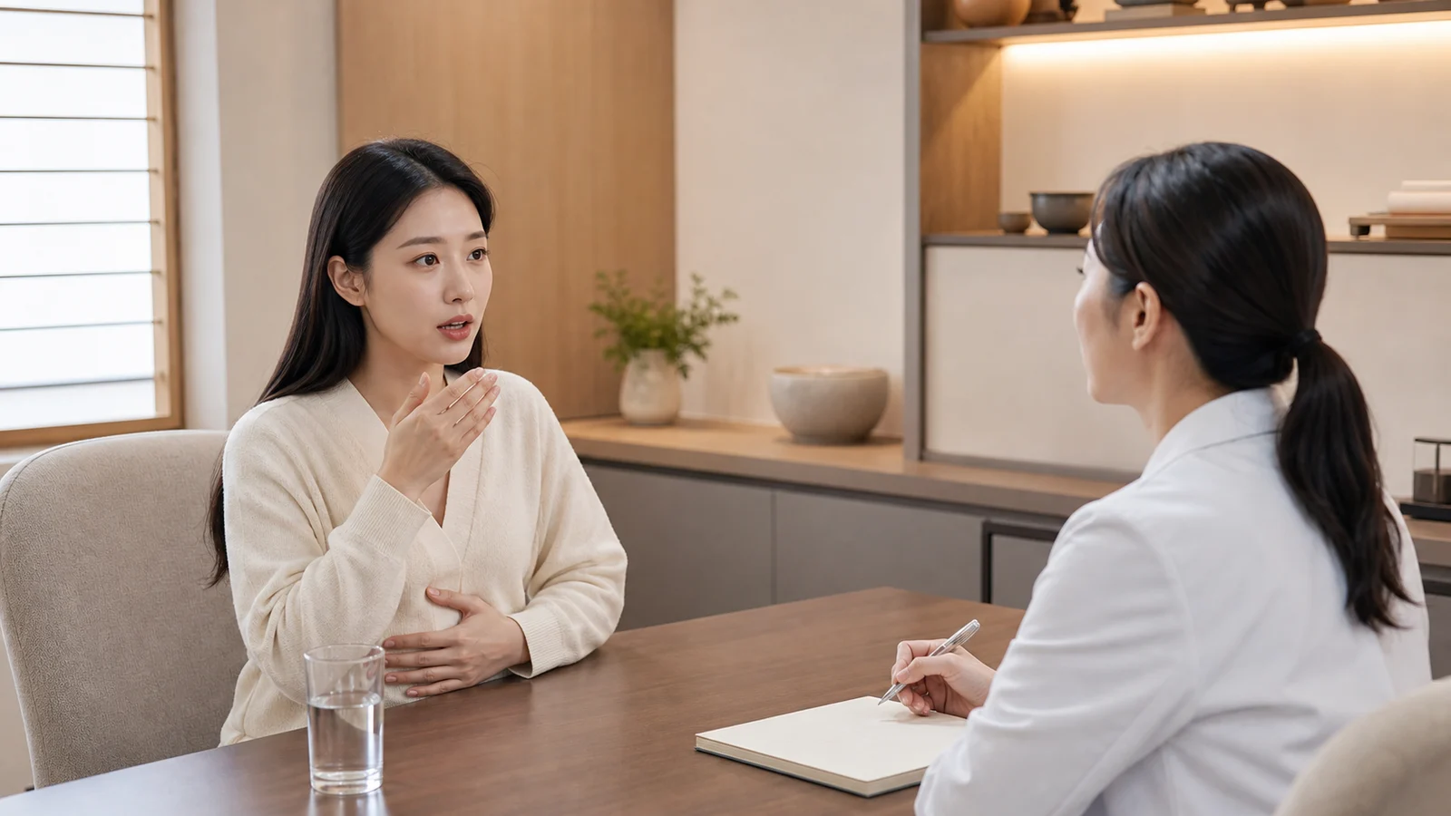 다낭성난소증후군 환자가 월경 기록과 검사 자료를 들고 초진 상담을 받는 장면