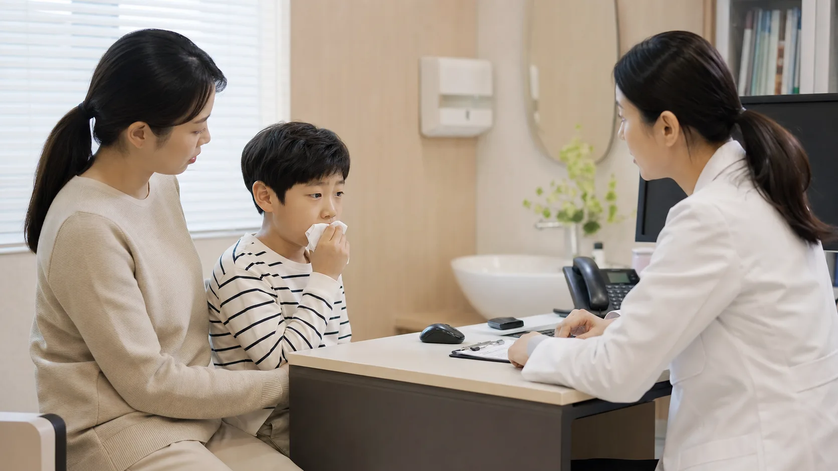 소아만성기침 아이와 보호자가 국내 한의원 상담실에서 기침 시간표를 설명하는 장면