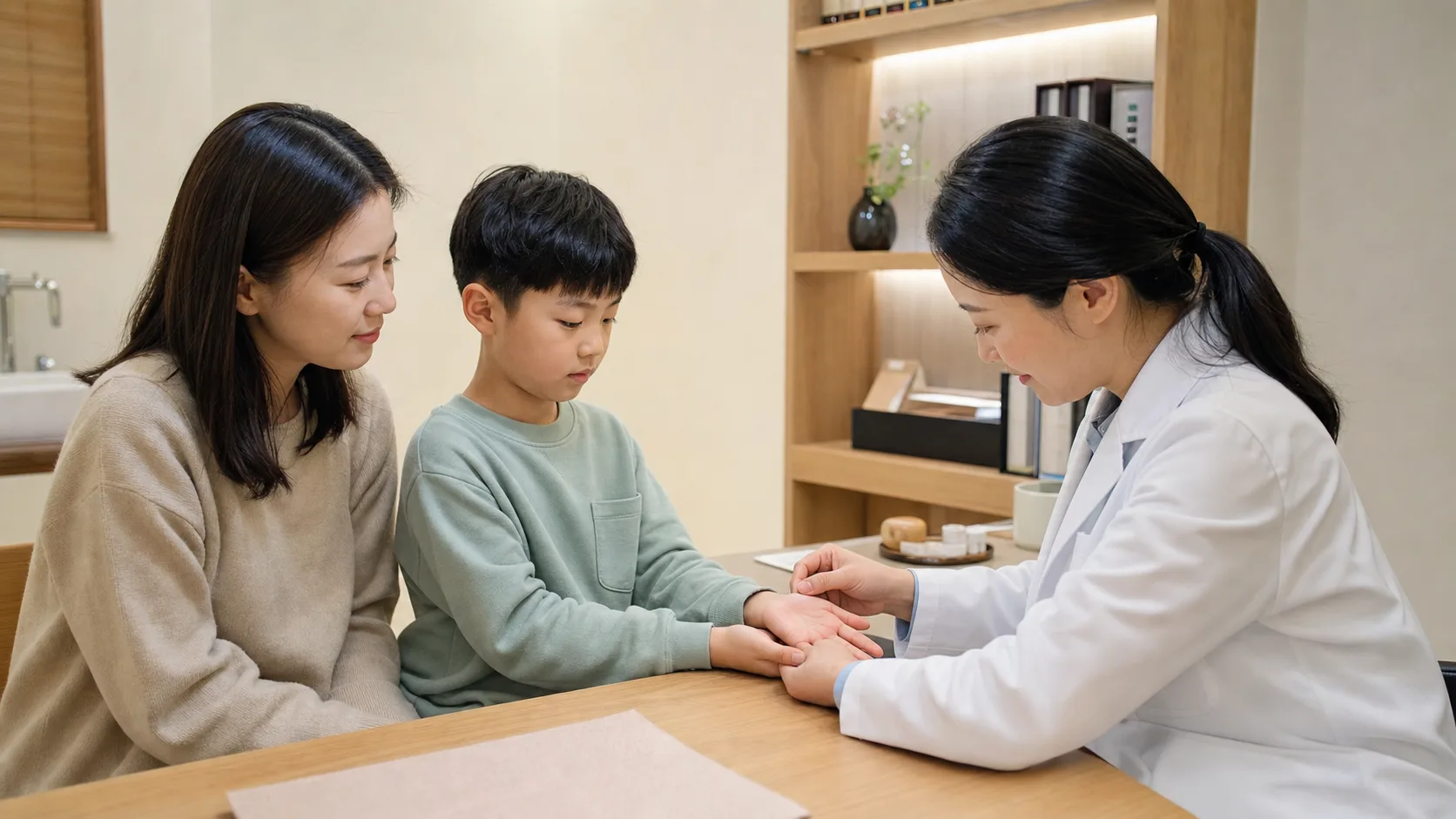 소아한포진 아이가 보호자와 함께 손바닥 물집과 가려움 상담을 시작하는 현대 한의원 진료실 사진