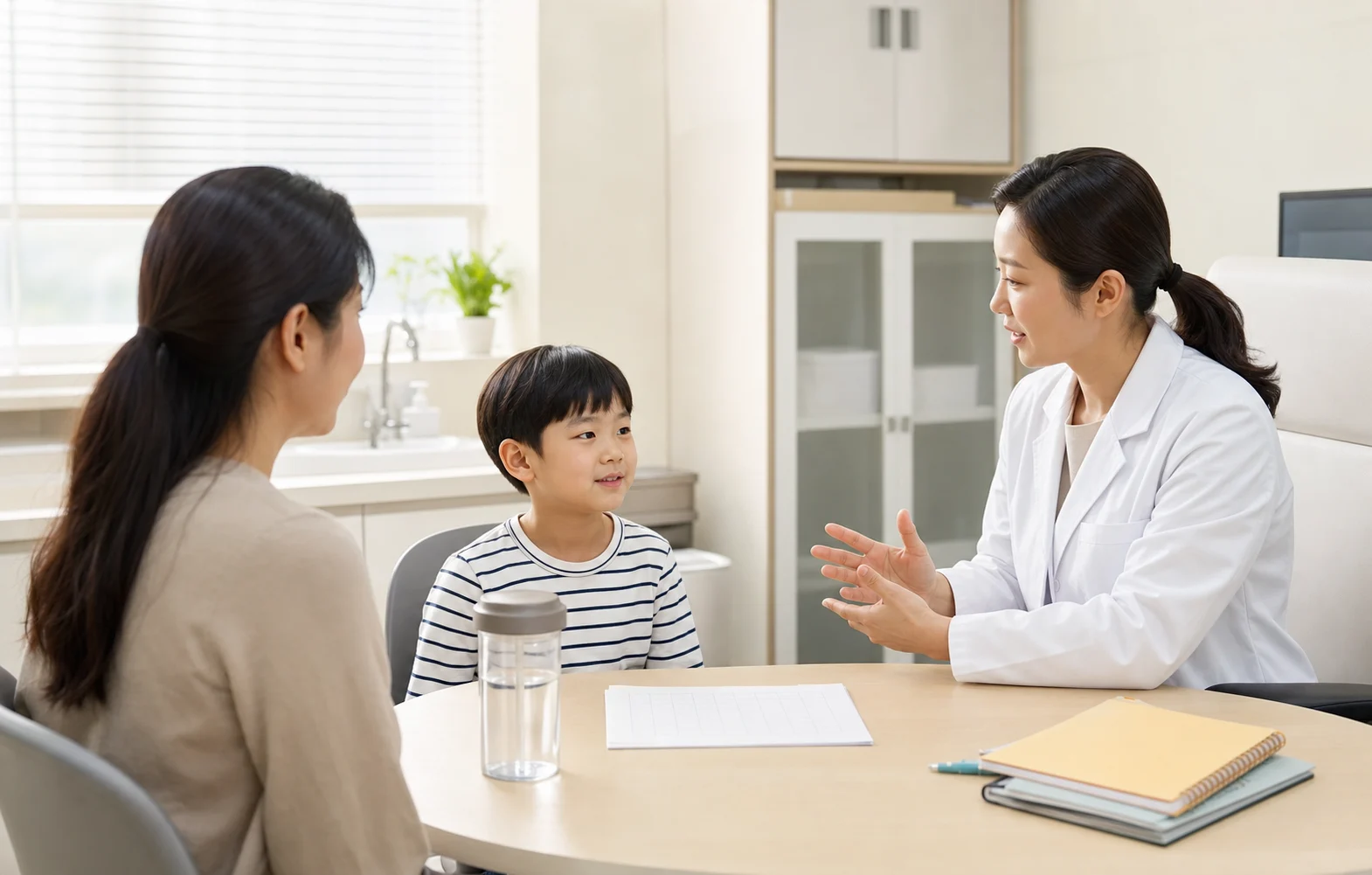 소아 빈뇨 아이와 보호자가 배뇨 시간 기록을 놓고 현대 한의원 상담실에서 상담하는 장면