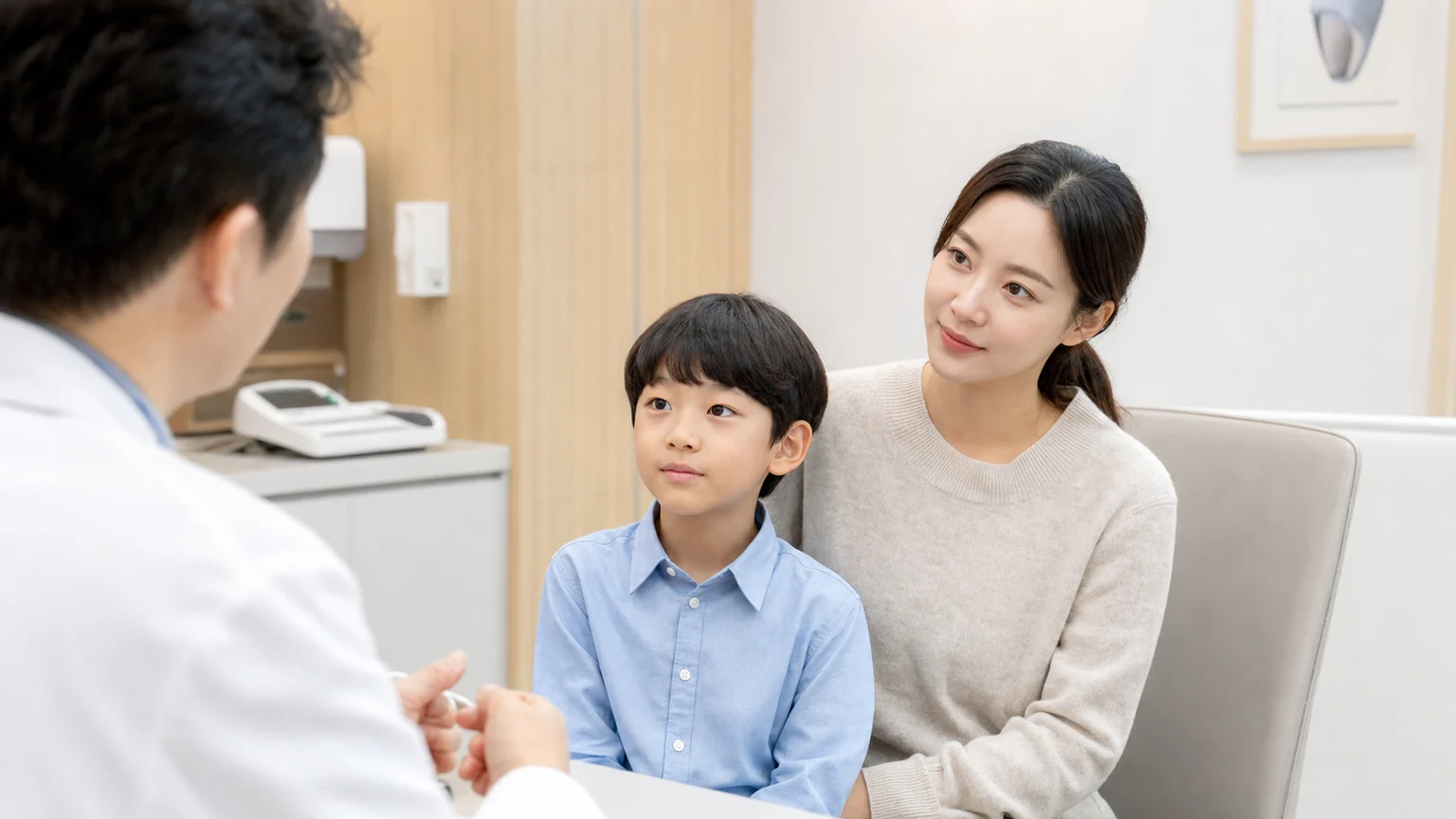 소아두통 상담에서 한국인 아이와 보호자가 의료진에게 반복 두통을 설명하는 진료실 장면