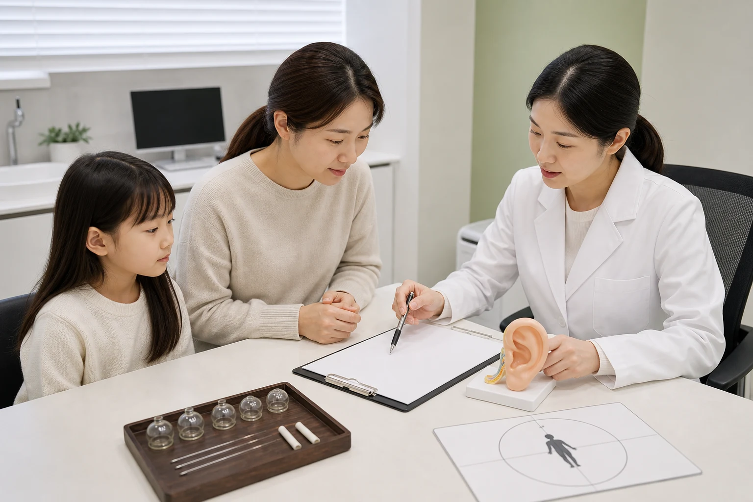 국내 한의원 진료실에서 한국인 의료진과 보호자, 아이가 멀미 증상 기록과 귀 모형을 보며 상담하는 장면