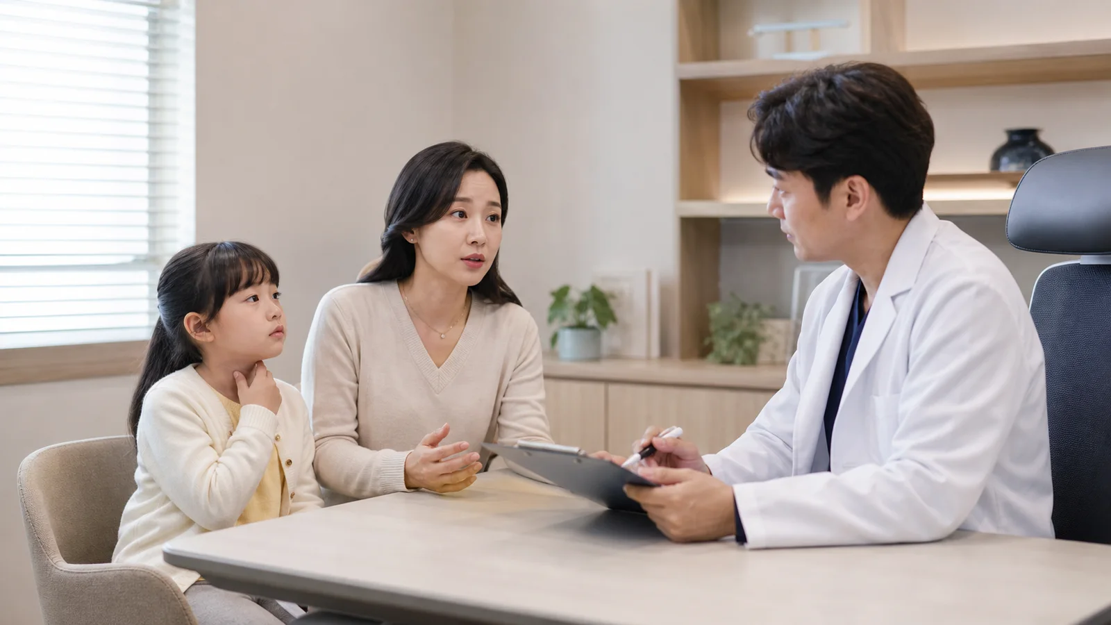 소아야제 상담을 위해 한국인 보호자와 아이가 국내 한의원 진료실에서 의료진과 만나는 사진
