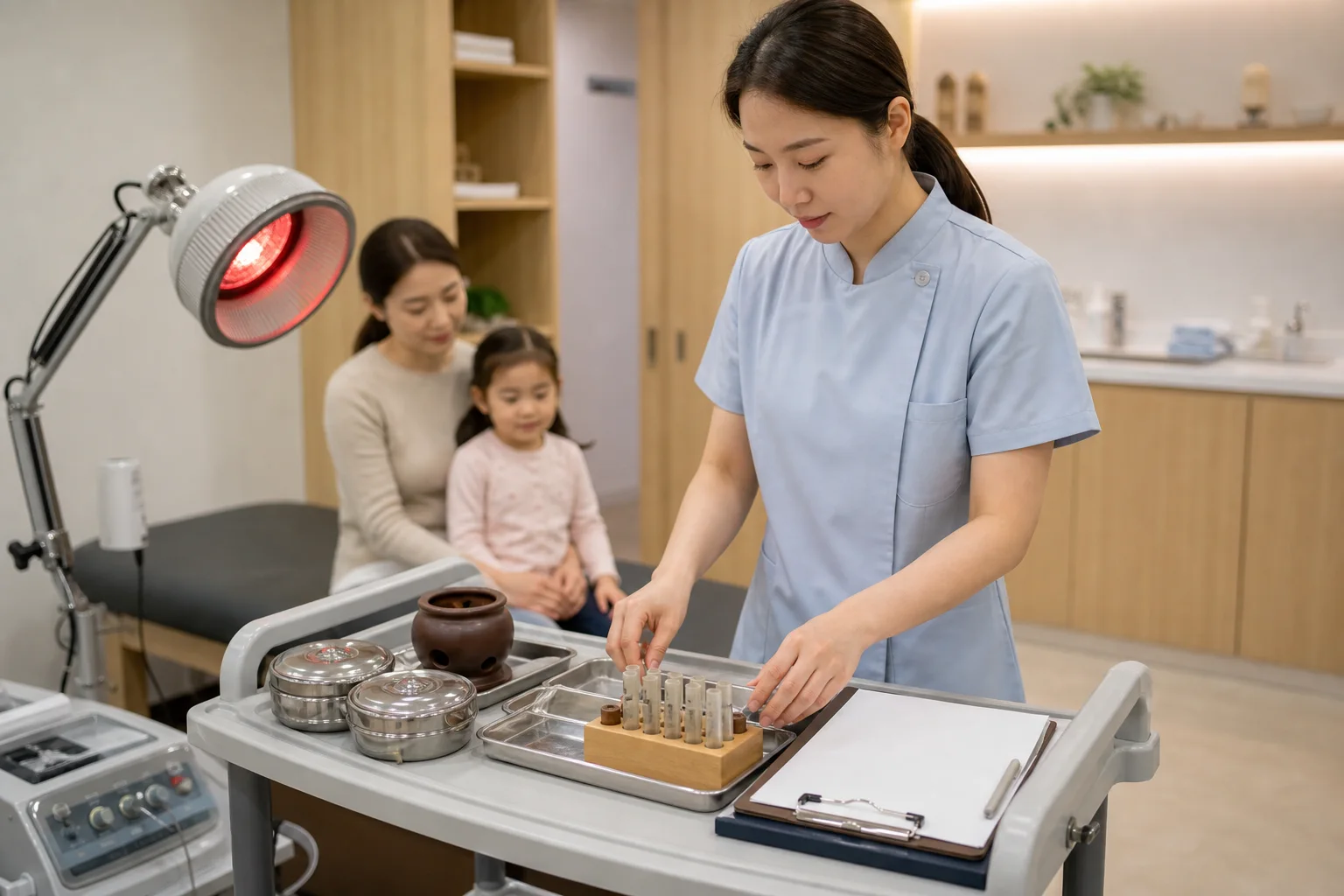 국내 한의원 치료실에서 소아야제 치료계획표와 회복 지표를 정리하는 사진