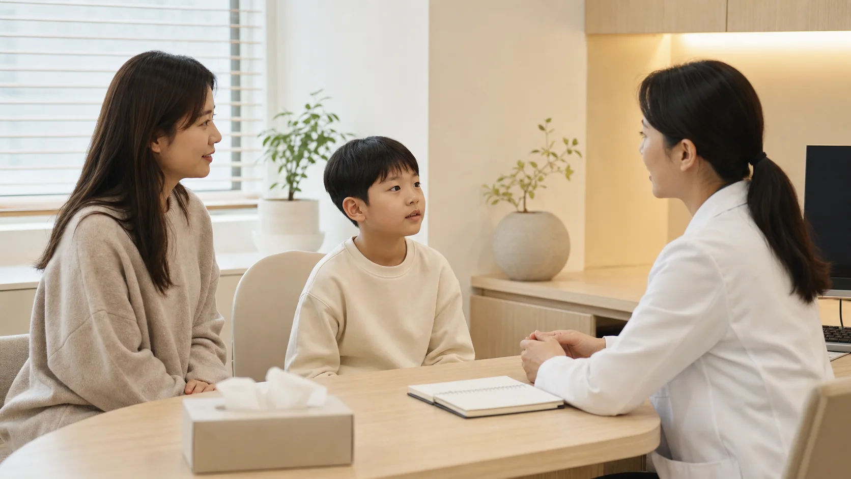 소아코피 아이와 보호자가 현대 한의원 상담실에서 반복 코피와 코막힘 기록을 상담하는 장면