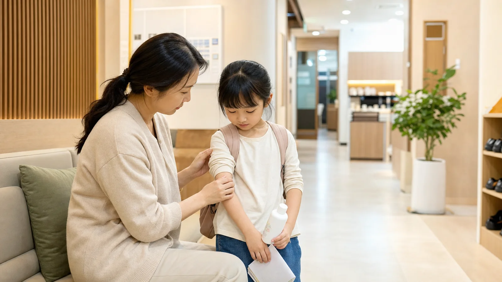 한국인 보호자가 국내 한의원 대기 공간에서 소아건선 아이의 팔 상태와 보습 준비를 확인하는 사진