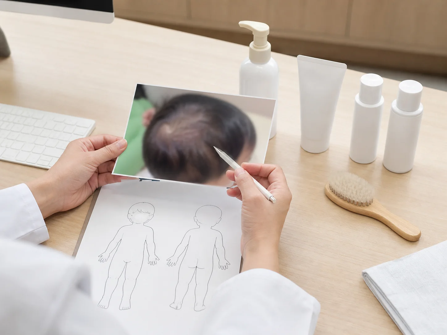 소아지루성피부염 진료 체크포인트에서 두피 사진과 증상 기록지, 세정 보습 기록을 확인하는 국내 한의원 장면
