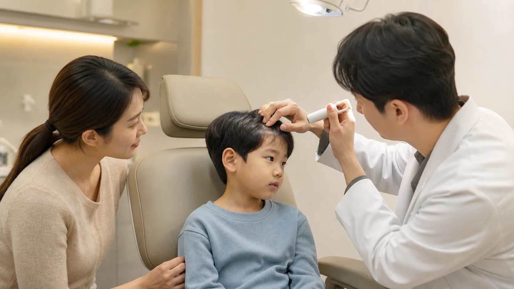 소아지루성피부염 아이와 보호자가 국내 한의원 진료실에서 두피 각질 확인을 받는 장면