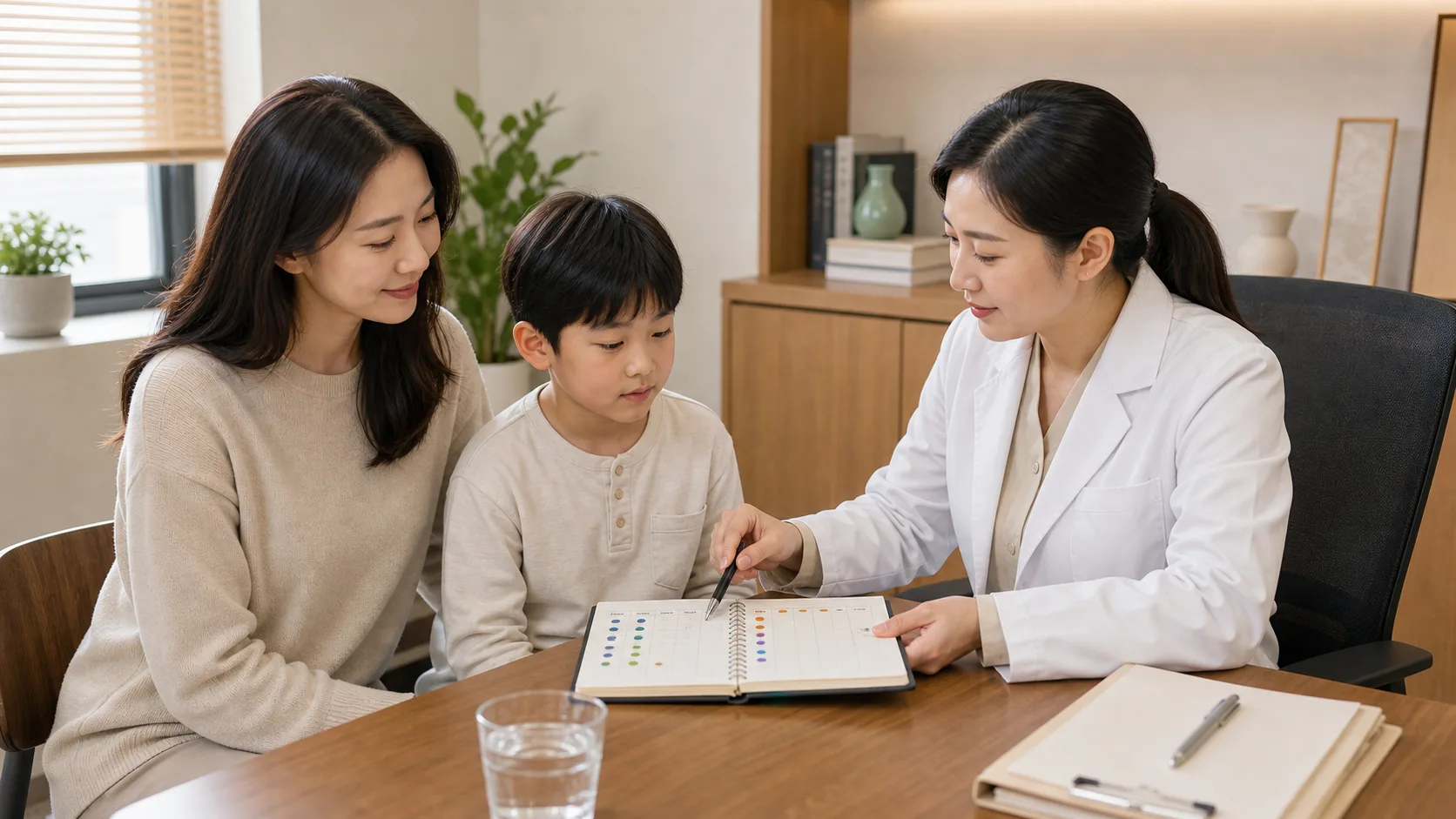 소아구토 상담에서 한국인 아이와 보호자, 한국인 의료진이 국내 한의원 진료실에서 증상 기록을 함께 보는 장면