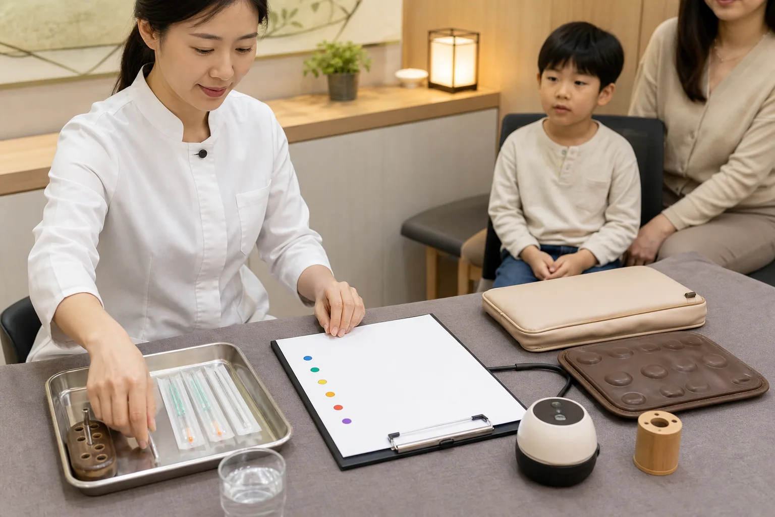 국내 한의원 진료실에서 한국인 의료진이 소아구토 회복기 치료 도구와 온열 장비, 치료 순서를 준비하는 장면