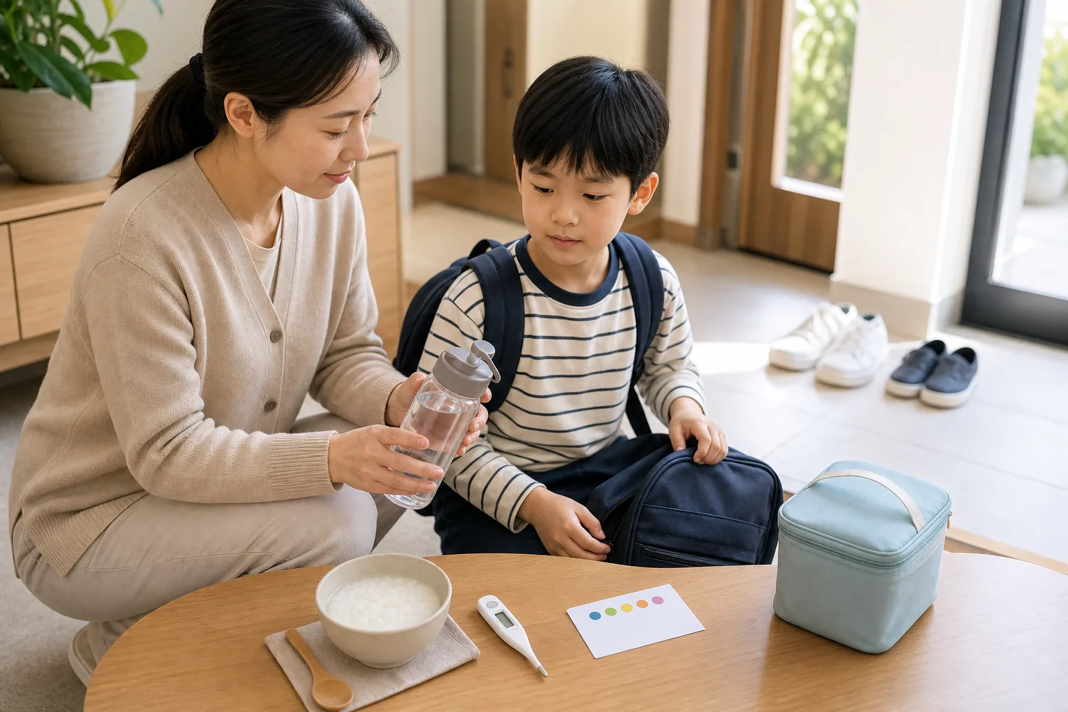 한국인 보호자가 등원 전 아이의 물병, 죽, 체온계, 가방을 챙기며 소아구토 회복 상태를 확인하는 장면