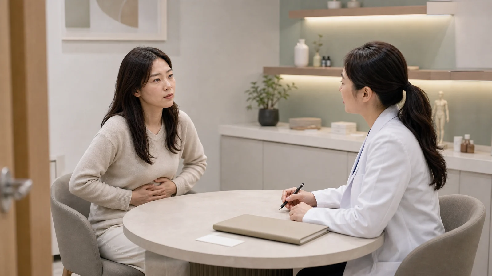 골반저긴장 환자가 국내 한의원 진료실에서 빈뇨와 골반 압박감 상담을 시작하는 장면