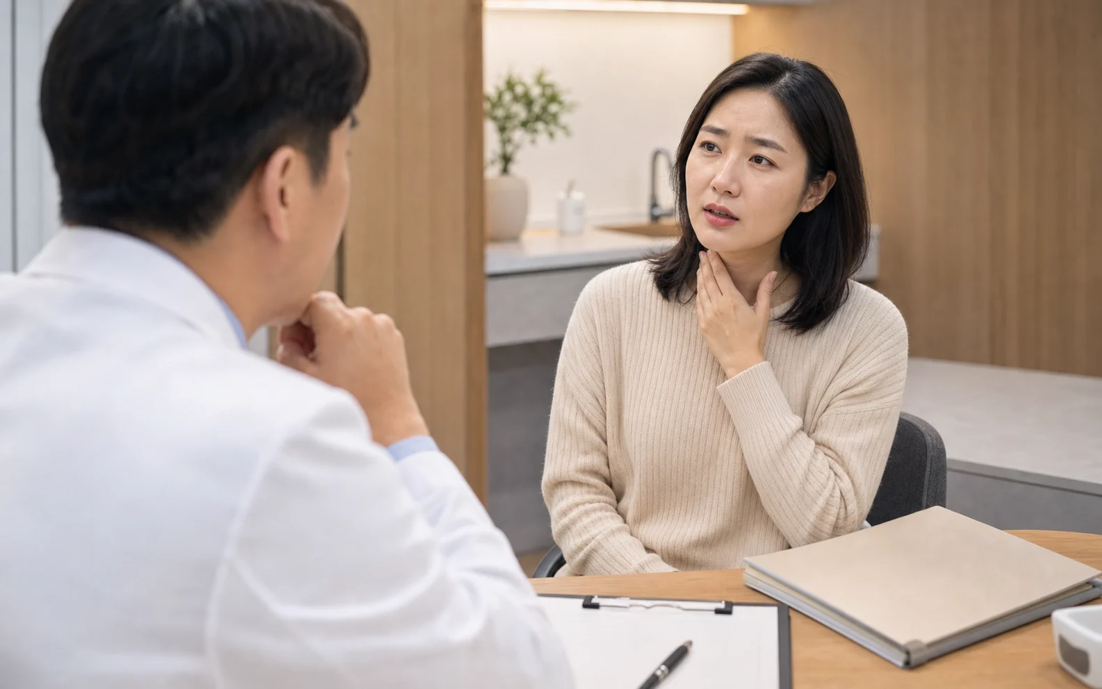 인두염 환자가 목 앞쪽 통증과 삼킴 불편을 설명하며 초진 상담을 받는 장면