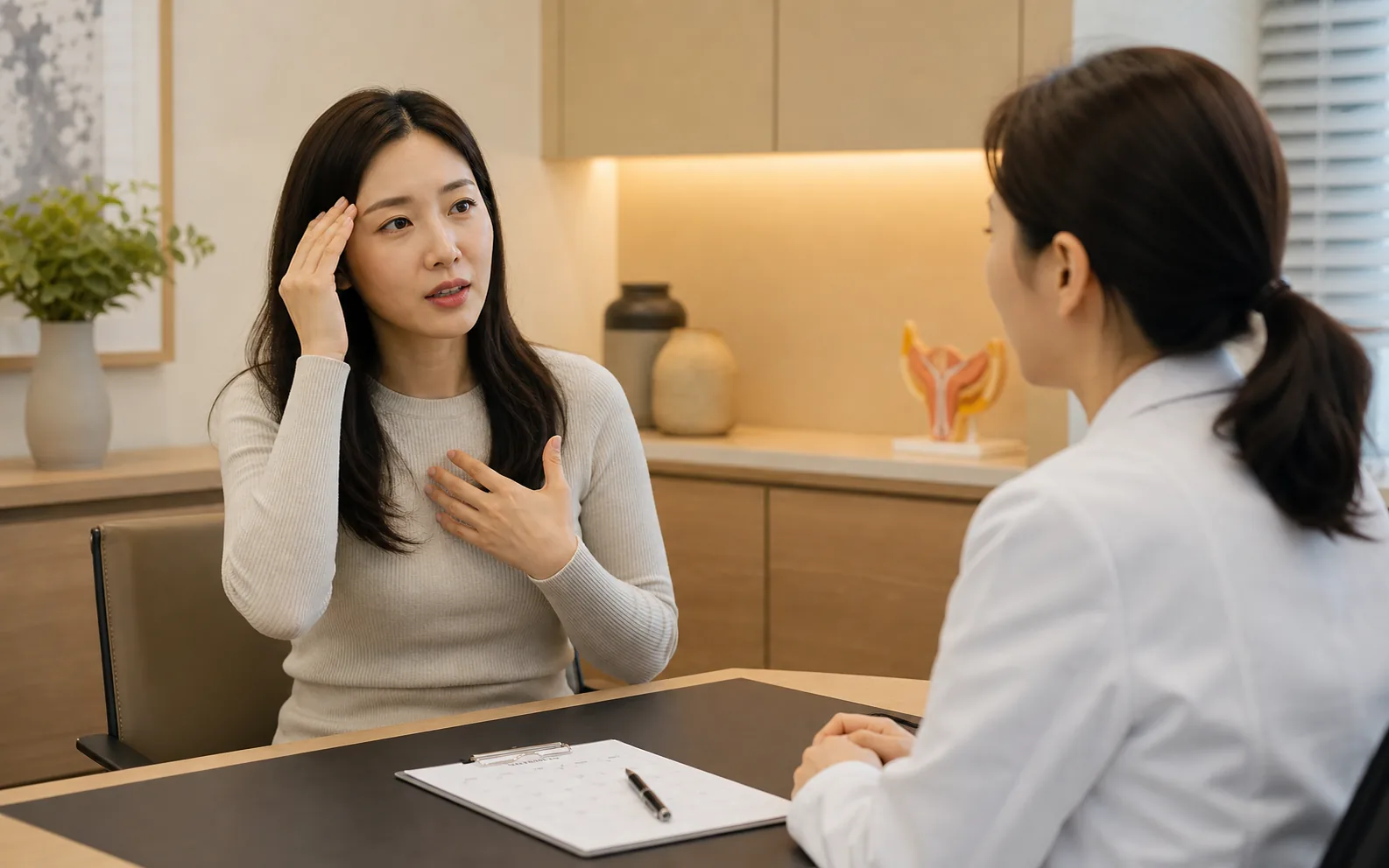 월경전증후군 환자가 진료실에서 감정 변화와 두통, 유방통, 수면 변화를 상담하는 장면