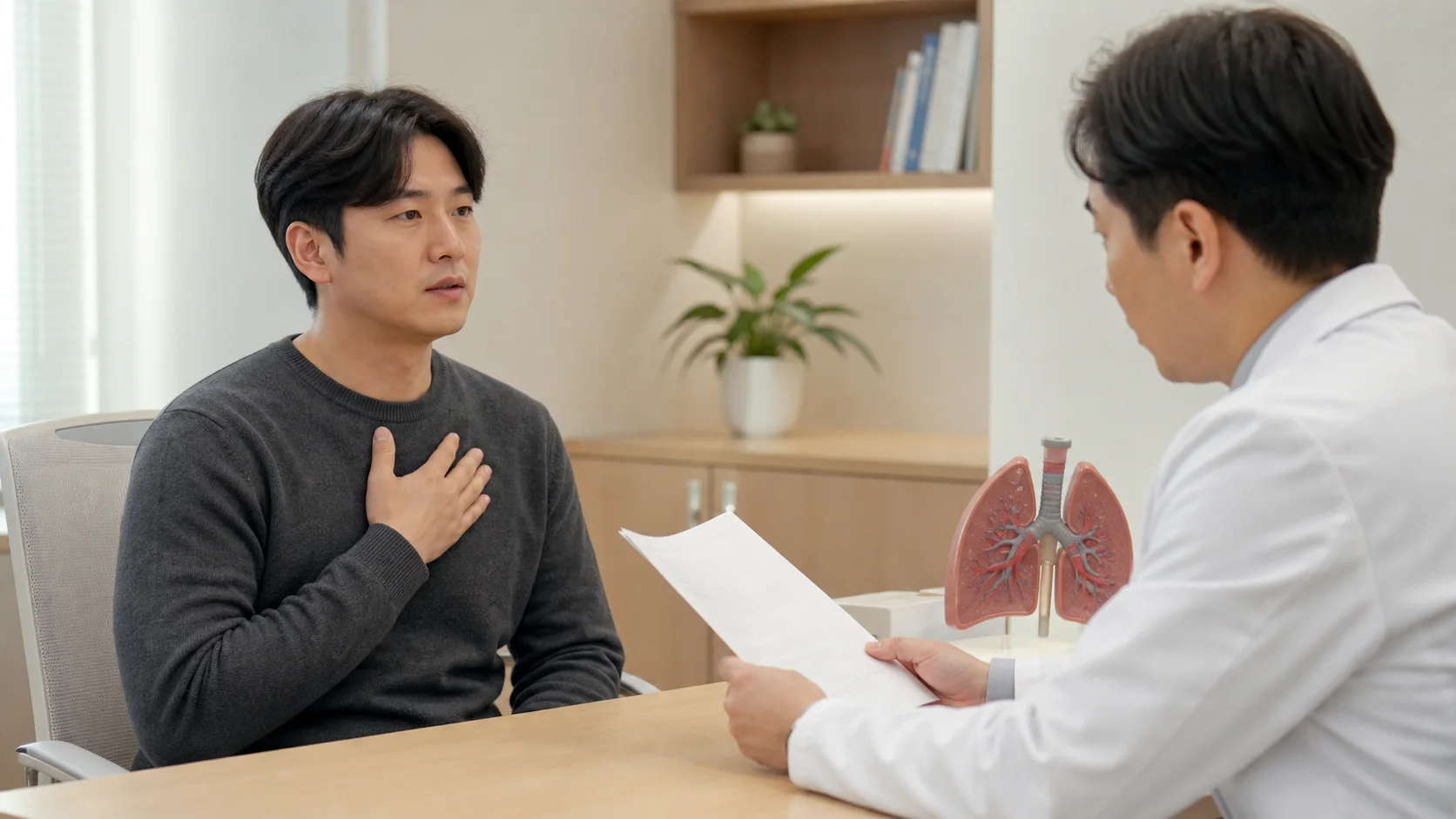 기흉 이후 한쪽 가슴 답답함과 흉부 기록을 상담하는 밝은 한의원 진료실 장면