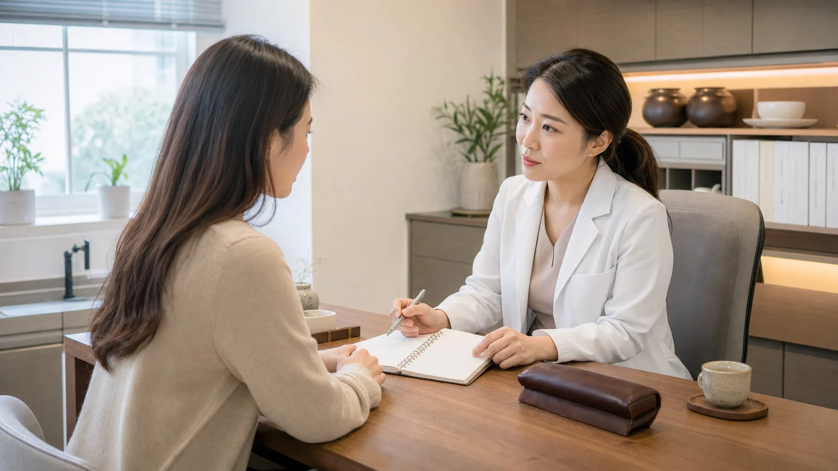 난자질저하 상담에서 한국인 여성 환자와 의료진이 검사 기록을 함께 정리하는 한의원 진료실 장면