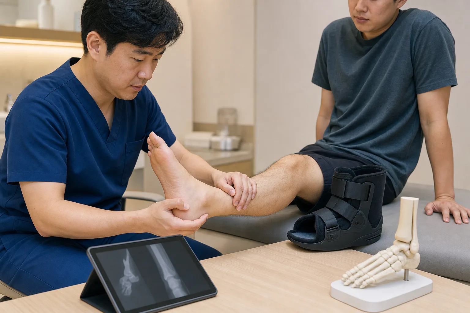 한국인 의료진이 골절 후 재활 환자의 발목 움직임과 보조기 제거 뒤 상태를 국내 진료실에서 확인하는 장면