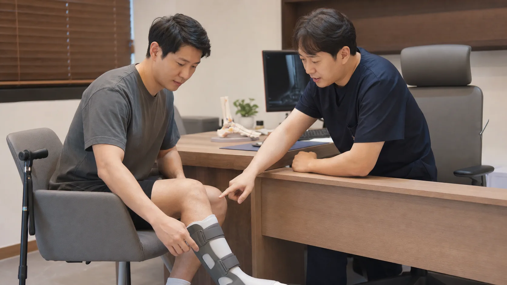 한국인 골절 후 재활 환자가 발목 보조기와 지팡이를 두고 국내 한의원 상담실에서 회복 기준을 상담하는 장면