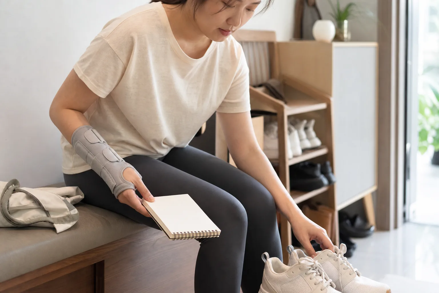 한국인 골절 후 재활 환자가 손목 보조기를 착용하고 신발과 빈 기록 노트를 보며 생활 복귀 상황을 정리하는 장면