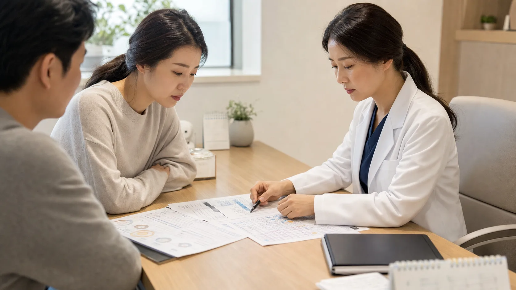 시험관 실패 후 관리 상담에서 한국인 여성 환자와 보호자가 의료진과 이식 기록을 함께 확인하는 장면