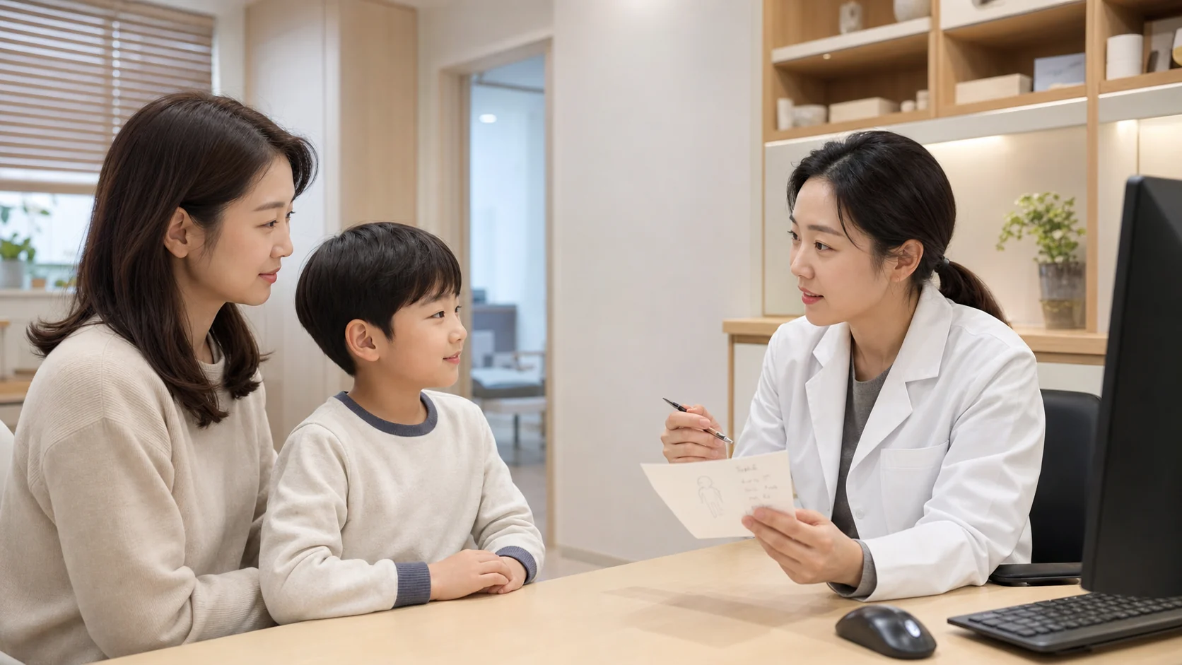 한국인 보호자가 아이의 폐렴 후 남는 기침과 회복 상태를 국내 의료진과 상담하는 장면