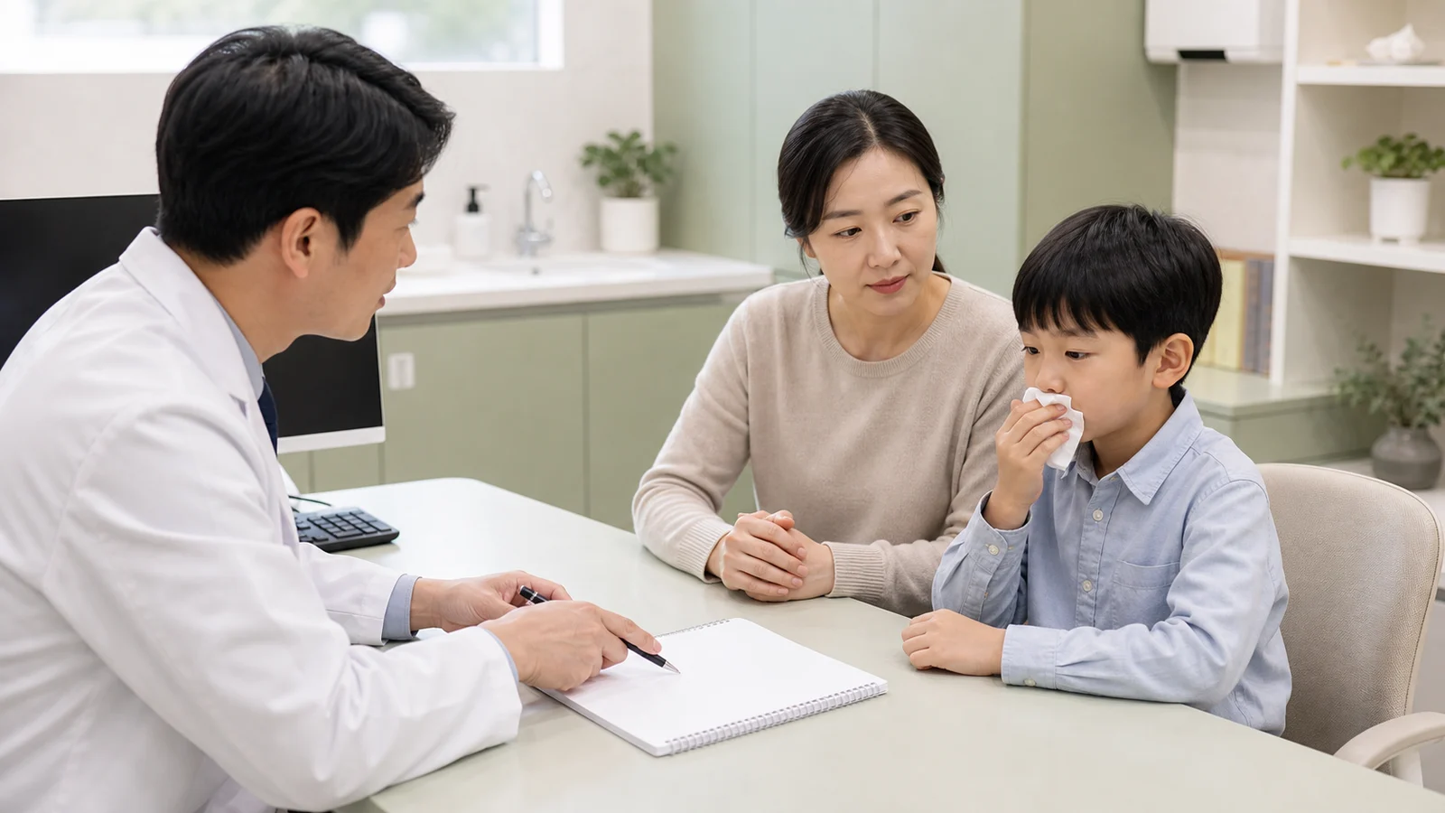 소아후비루기침 아이와 보호자가 밤기침과 아침 가래 느낌을 한의원 초진 상담에서 설명하는 장면