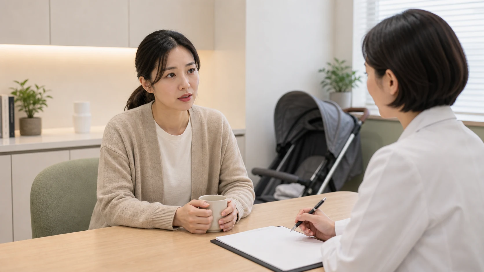 한국인 산모가 국내 한의원 상담실에서 산후우울감과 수면 부족을 한국인 의료진과 이야기하는 장면