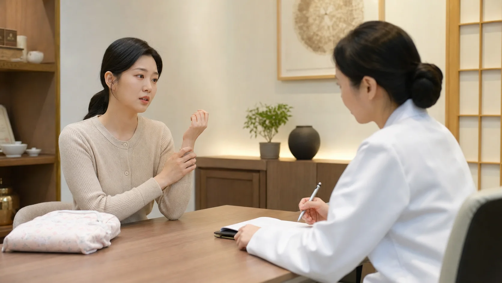 한국인 산모가 국내 한의원 상담실에서 산후 손목 관절통을 한국인 의료진에게 설명하는 사진