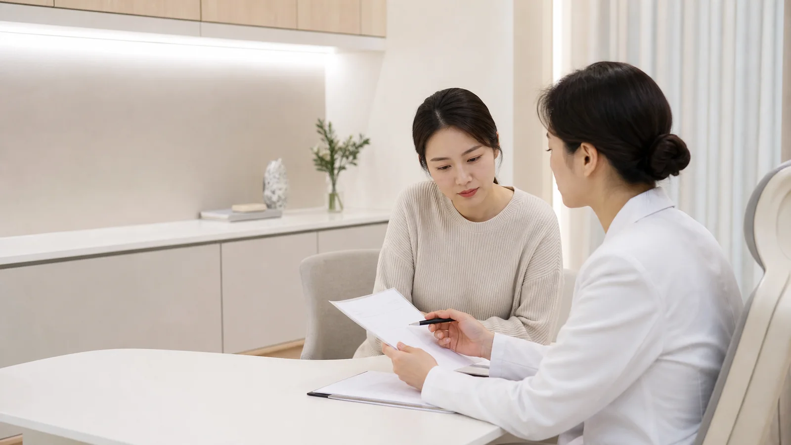 임신 중 증상 기록을 놓고 상담 범위를 차분히 나누는 진료실 장면